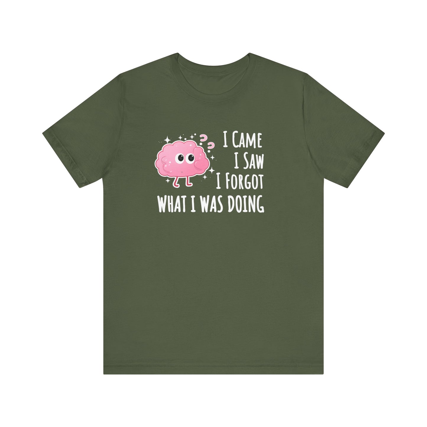 Green t-shirt with a pink cartoon brain graphic and text 'I came, I saw, I forgot what I was doing' on a white background