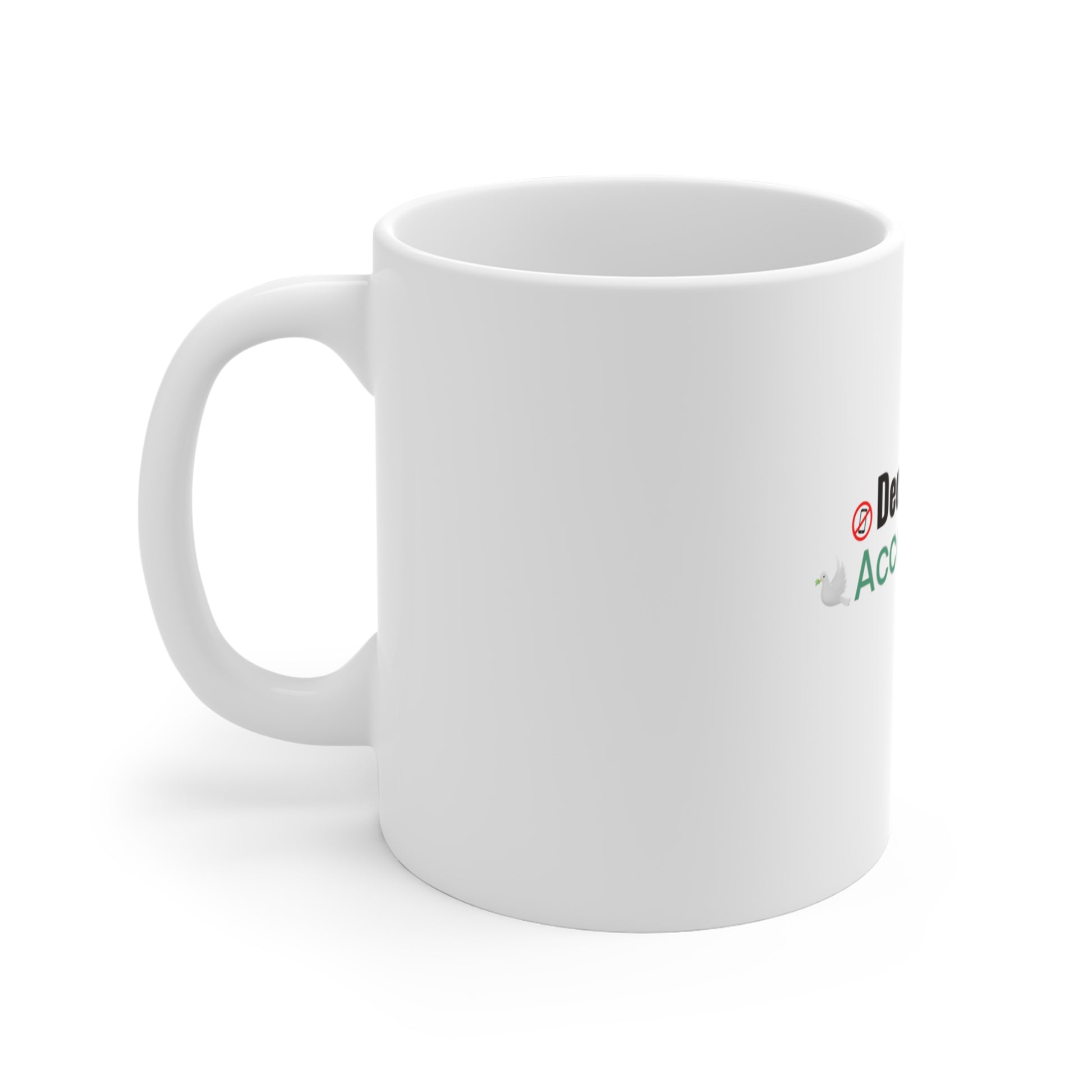 Left side view of white mug with a logo on a white background