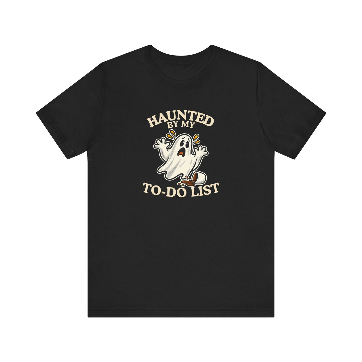 A black t-shirt featuring a “Haunted by My To-Do List” funny ghost on a white background