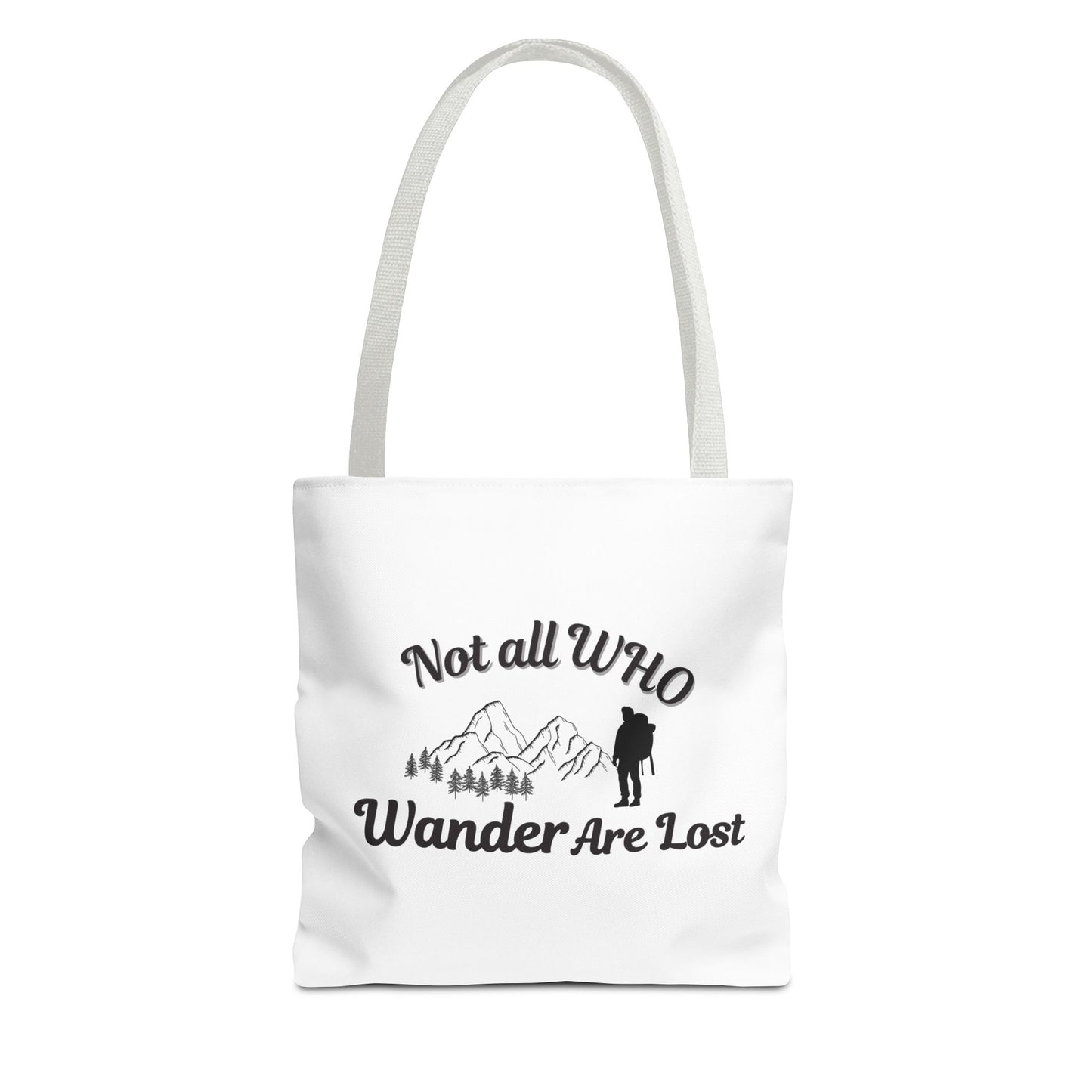 White tote bag with white handle and text 'Not all who wander are lost' and graphics on a white background