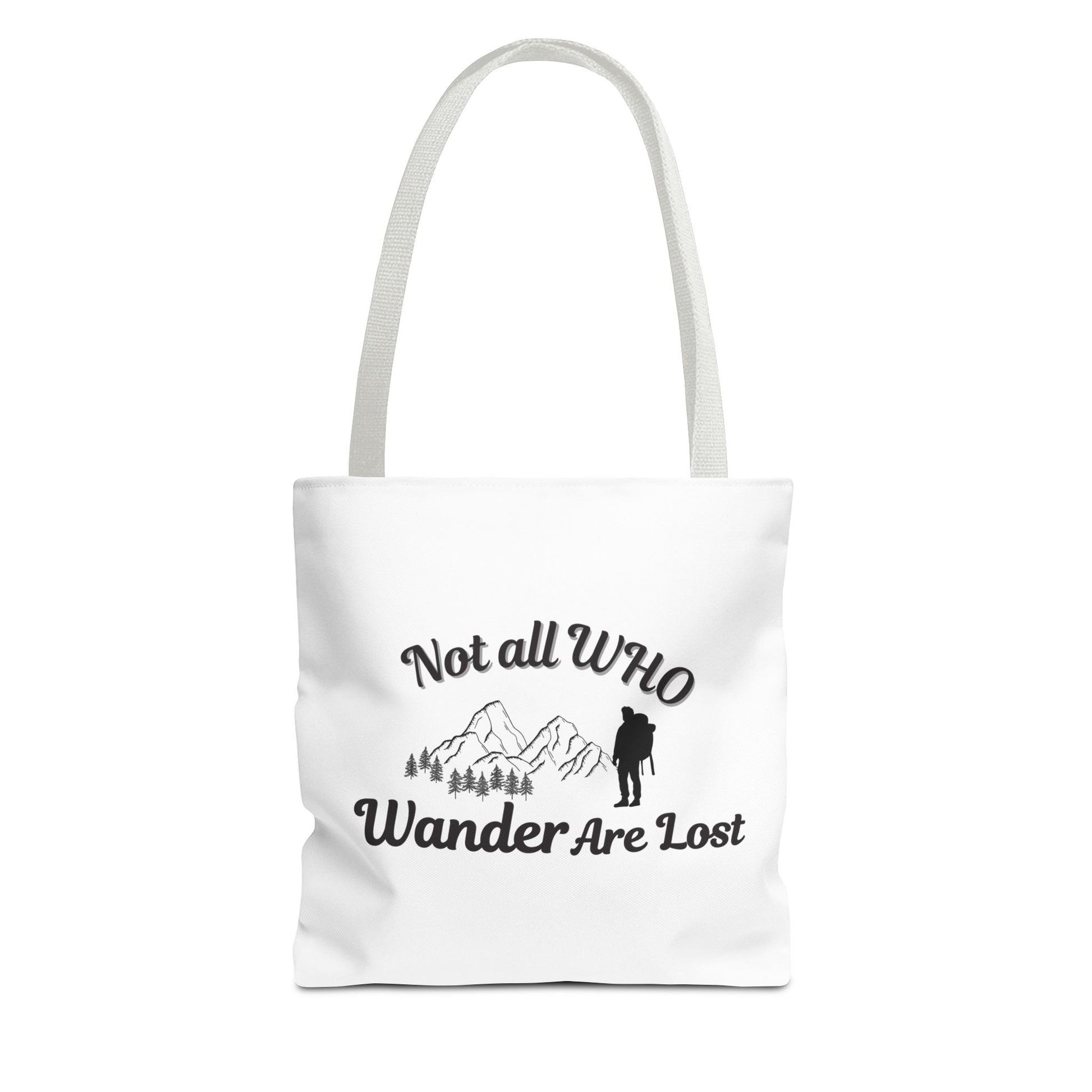 White tote bag with white handle and text 'Not all who wander are lost' and graphics on a white background