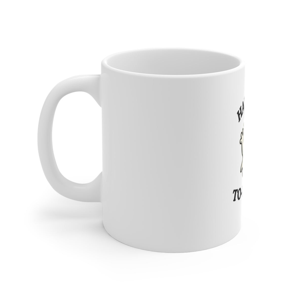 Left  side of a white ceramic mug featuring a ghost graphic and the text 'Haunted by My To-Do List' on a clean white background.