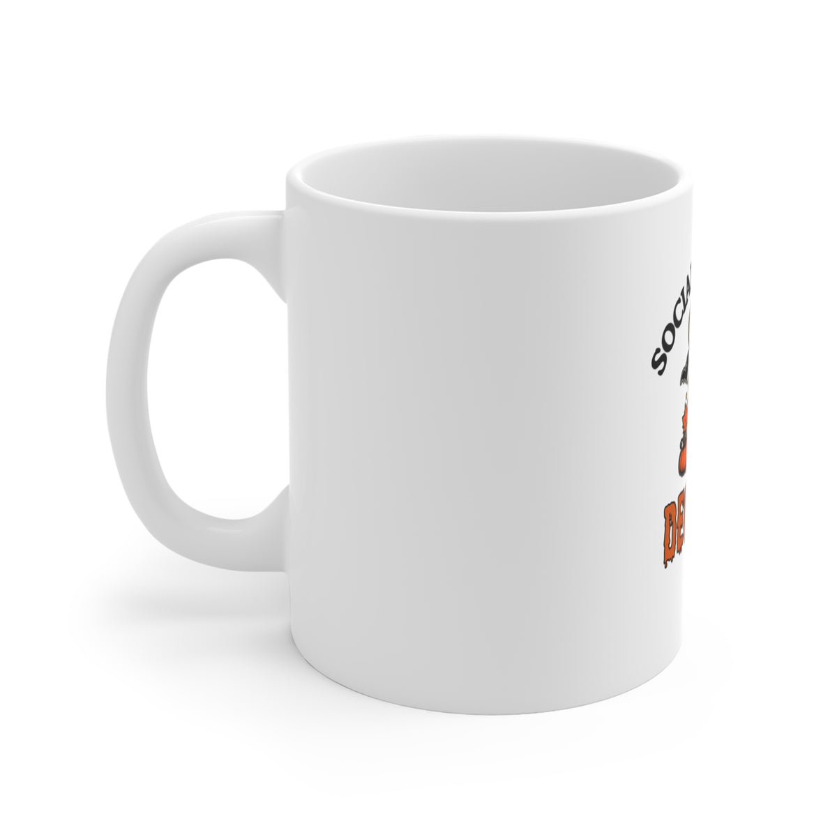 Left side of a white ceramic mug featuring a 'Social Battery: Deceased' graphic with a ghost sitting on a rock