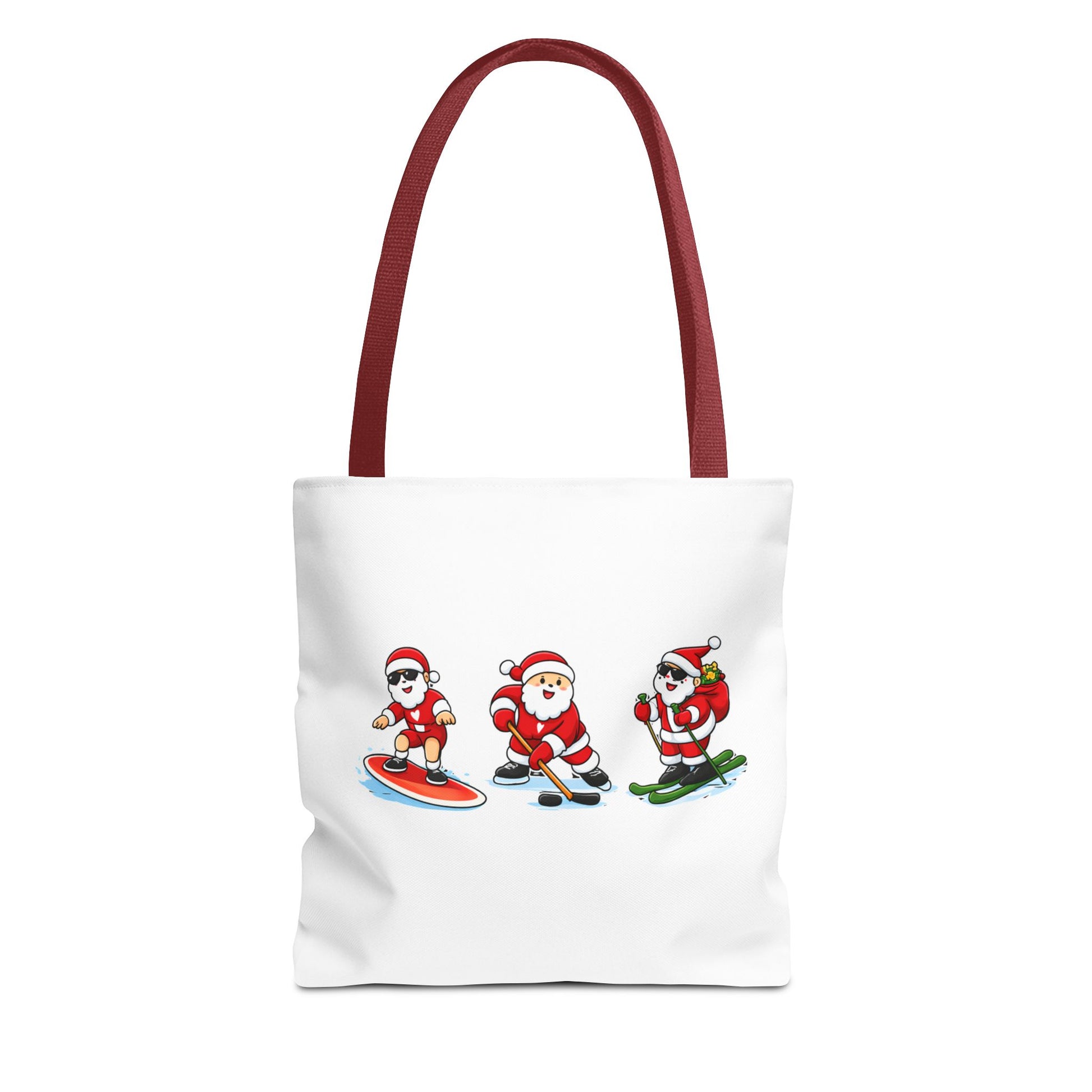 Tote bag with red handle and cartoon Santa Claus designs on a white background