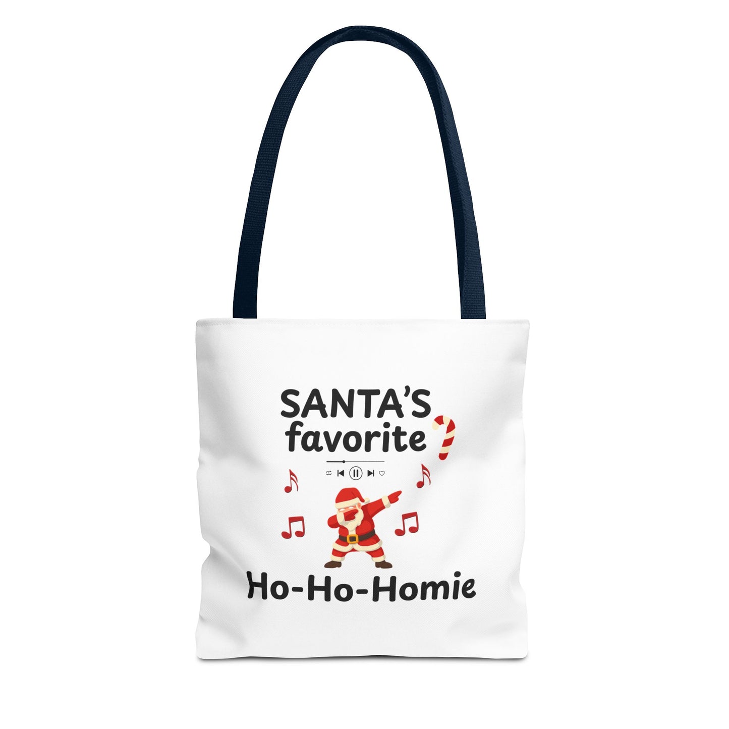 White tote bag with navy handle featuring the text 'Santa's Favorite Ho-Ho-Homie' on a white background