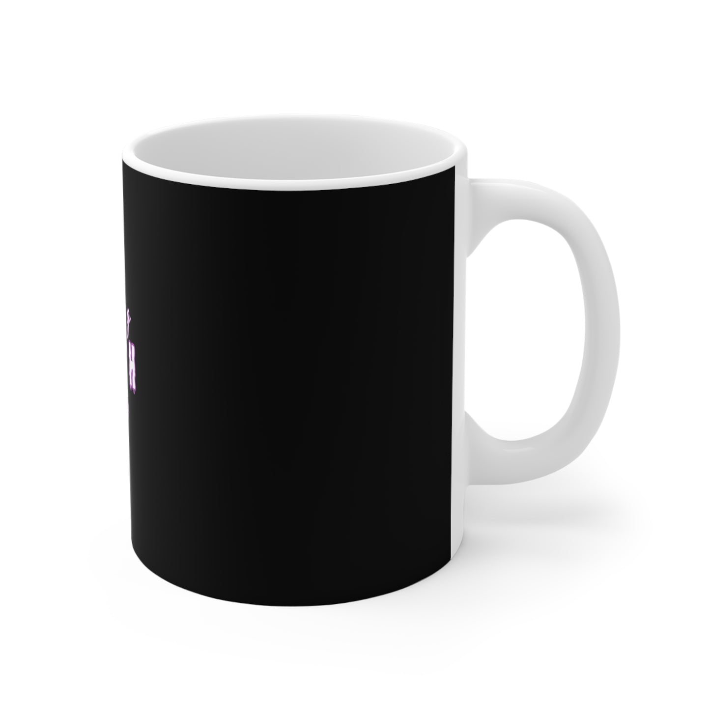 Right side view of black mug with a white handle on a white background