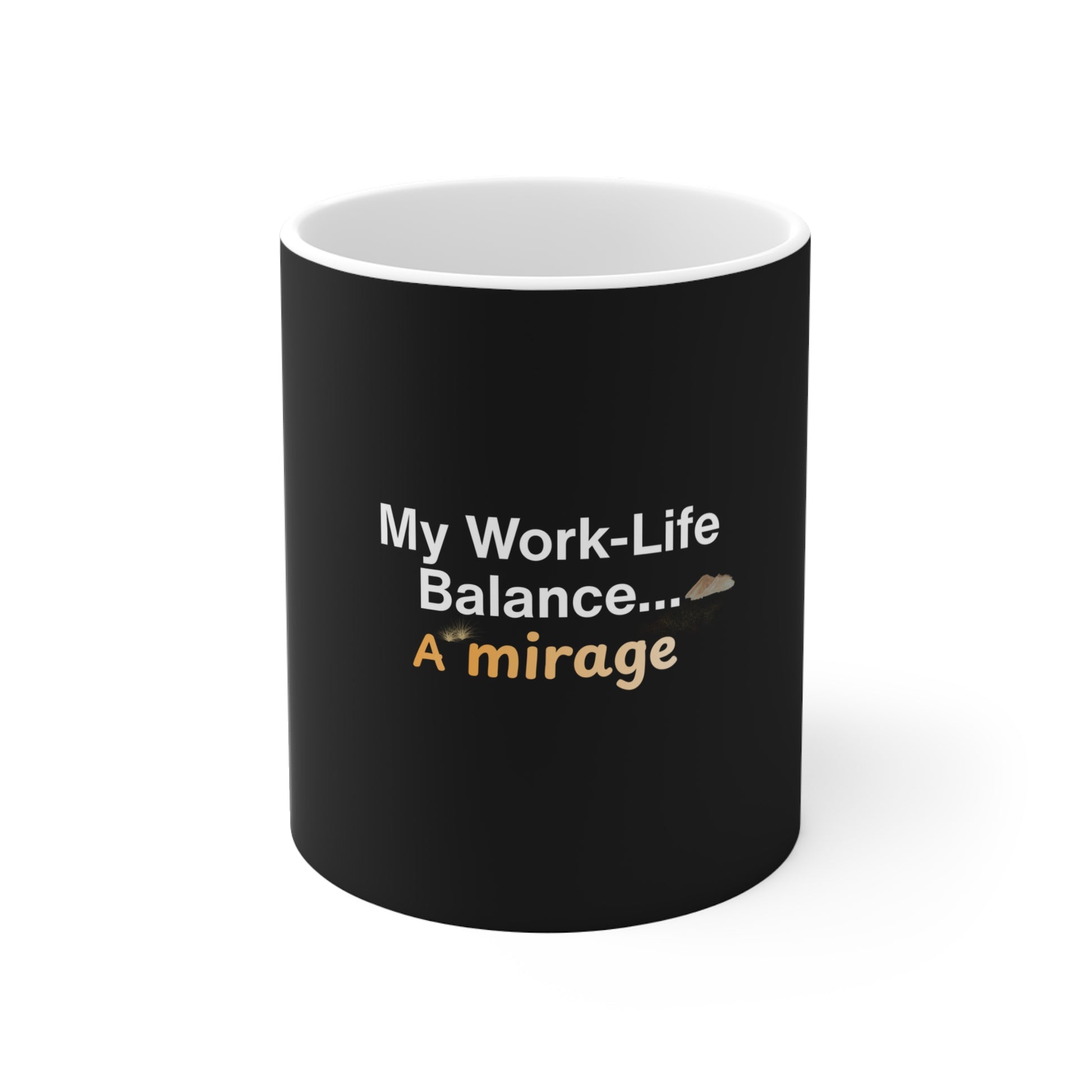 Office humor coffee mug design - Black mug with white text on a white background