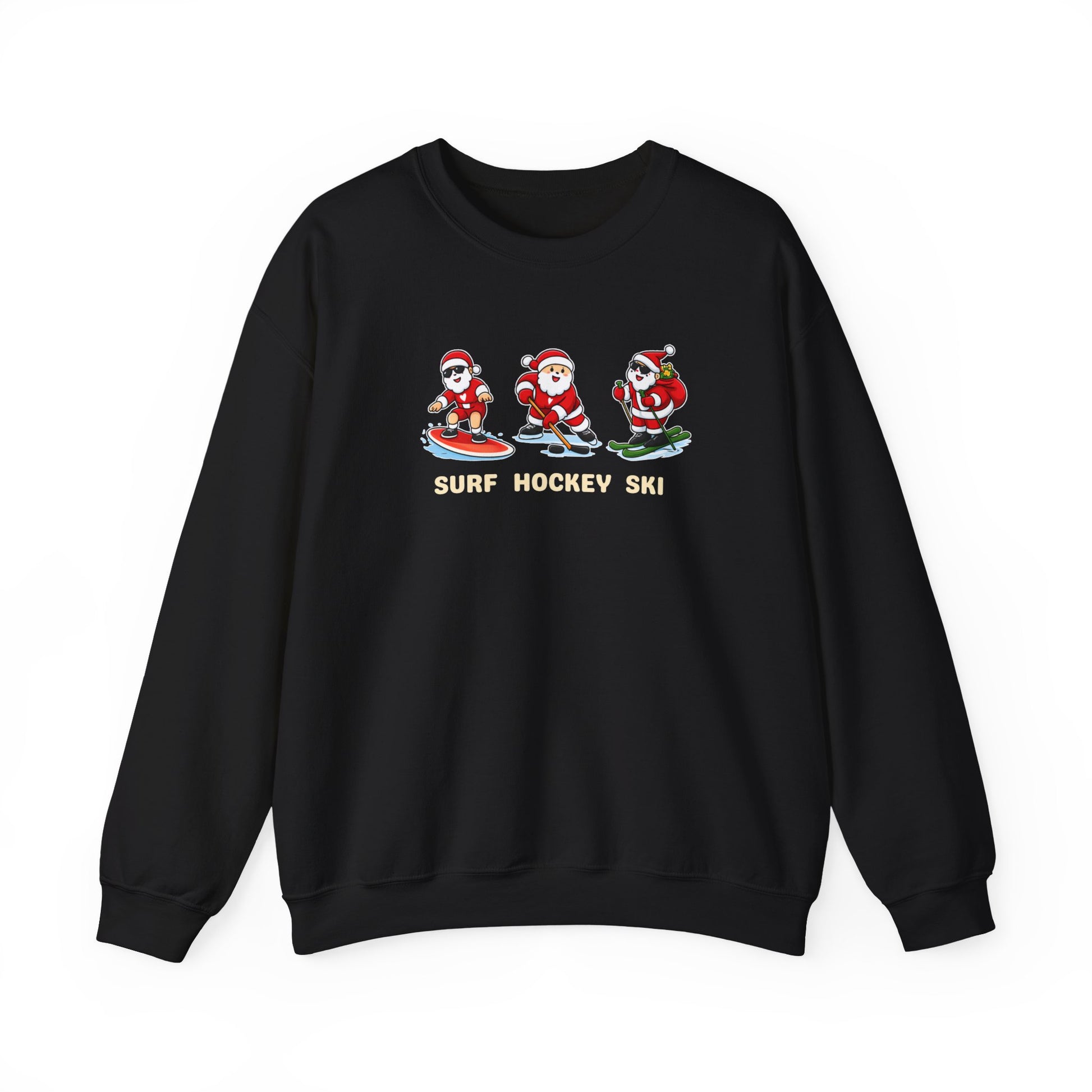 Black sweatshirt with Santa Claus graphics and 'Surf Hockey Ski' text on a white background