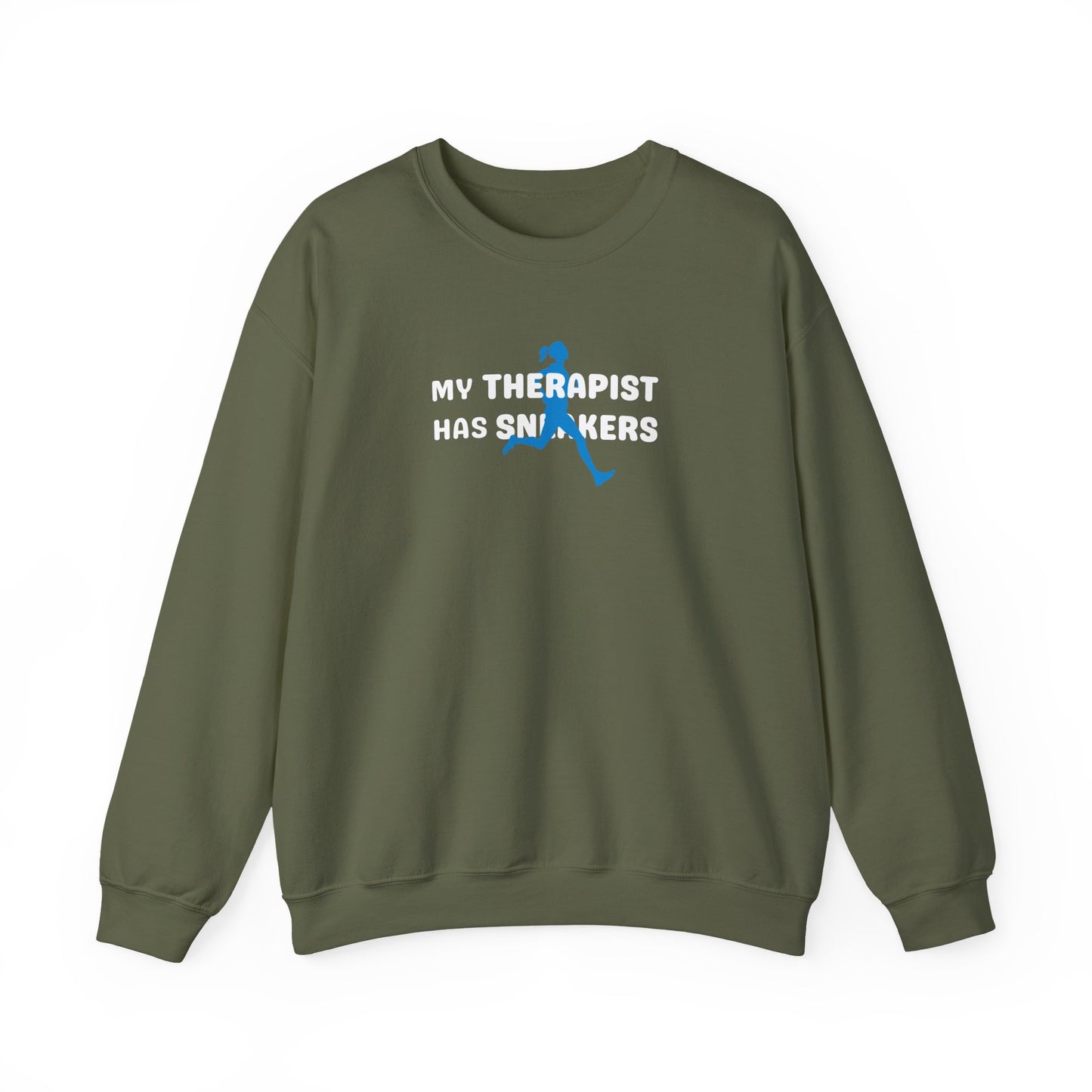 Green sweatshirt with 'My Therapist Has Sneakers' text and graphic on a white background