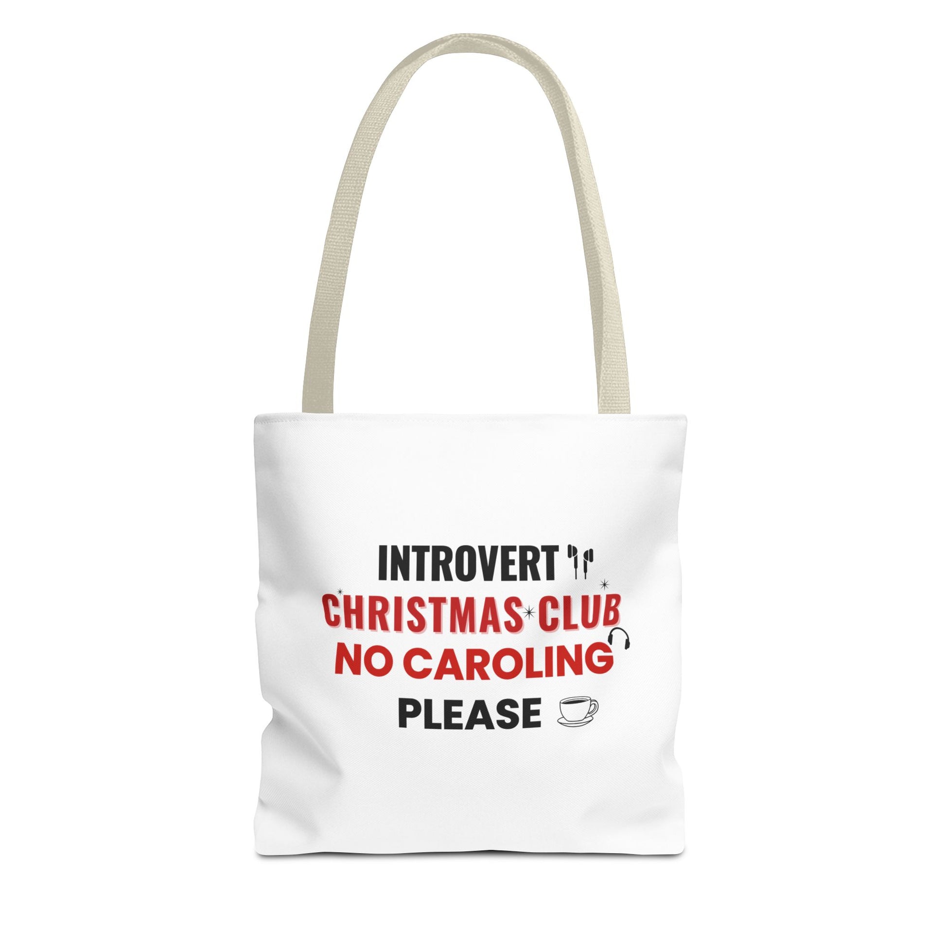 Tote bag with beige handle and text 'Introvert Christmas Club No Caroling Please' on a white background
