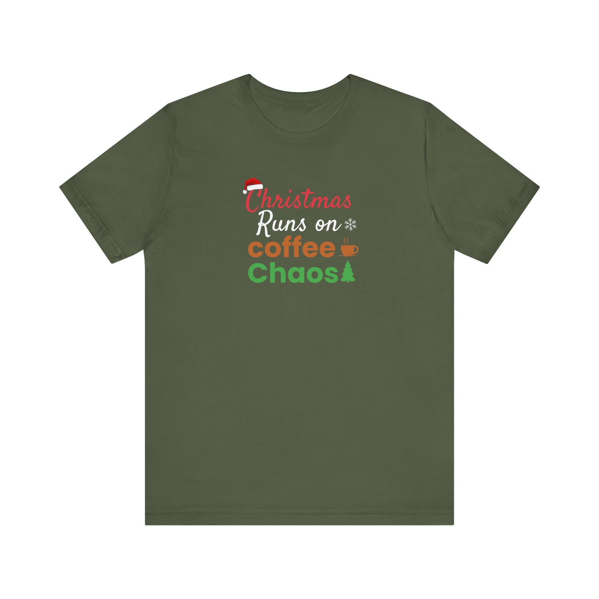 Green t-shirt with Christmas-themed text design on a white background