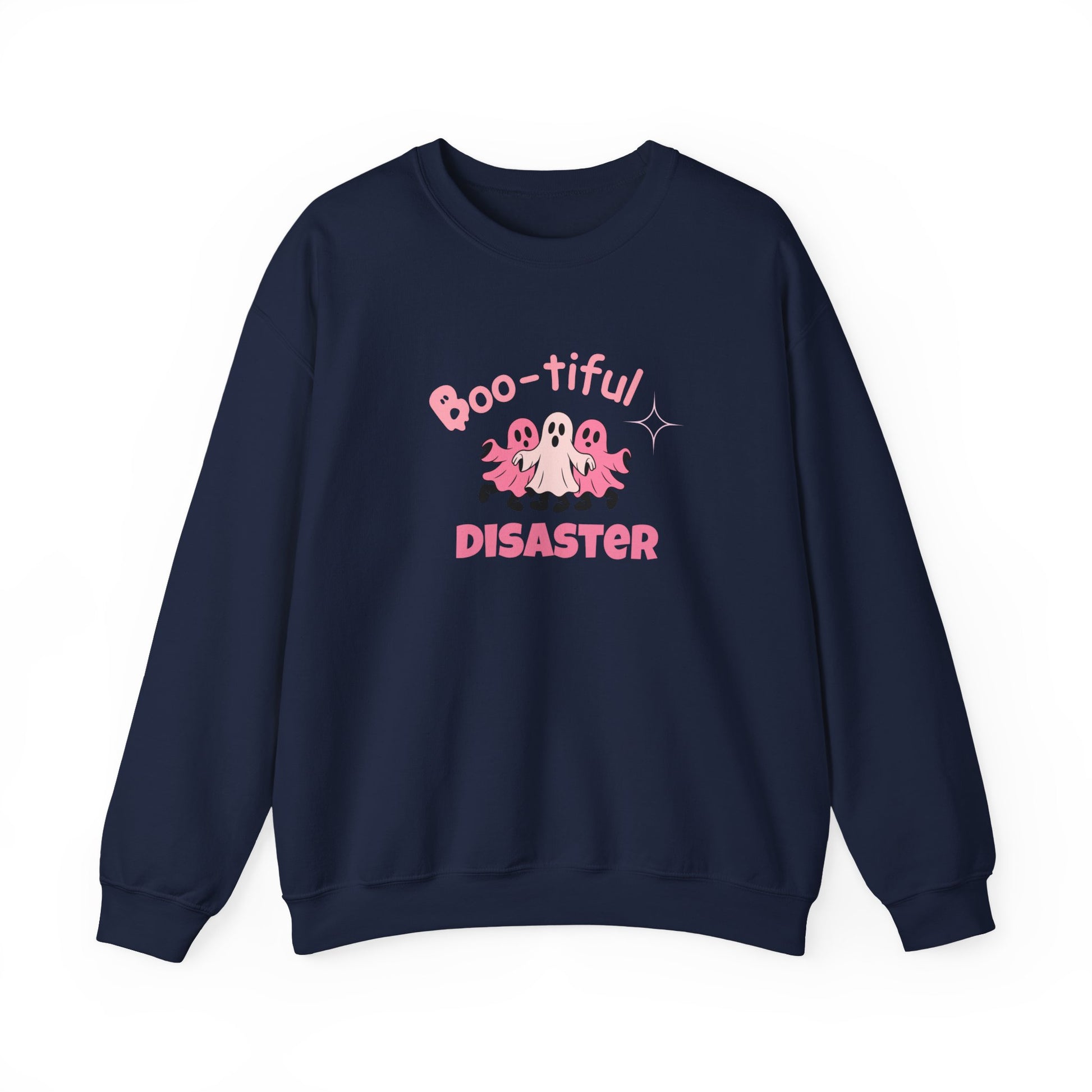 Navy blue sweatshirt with 'Boo-tiful Disaster' text and ghost graphic on a white background