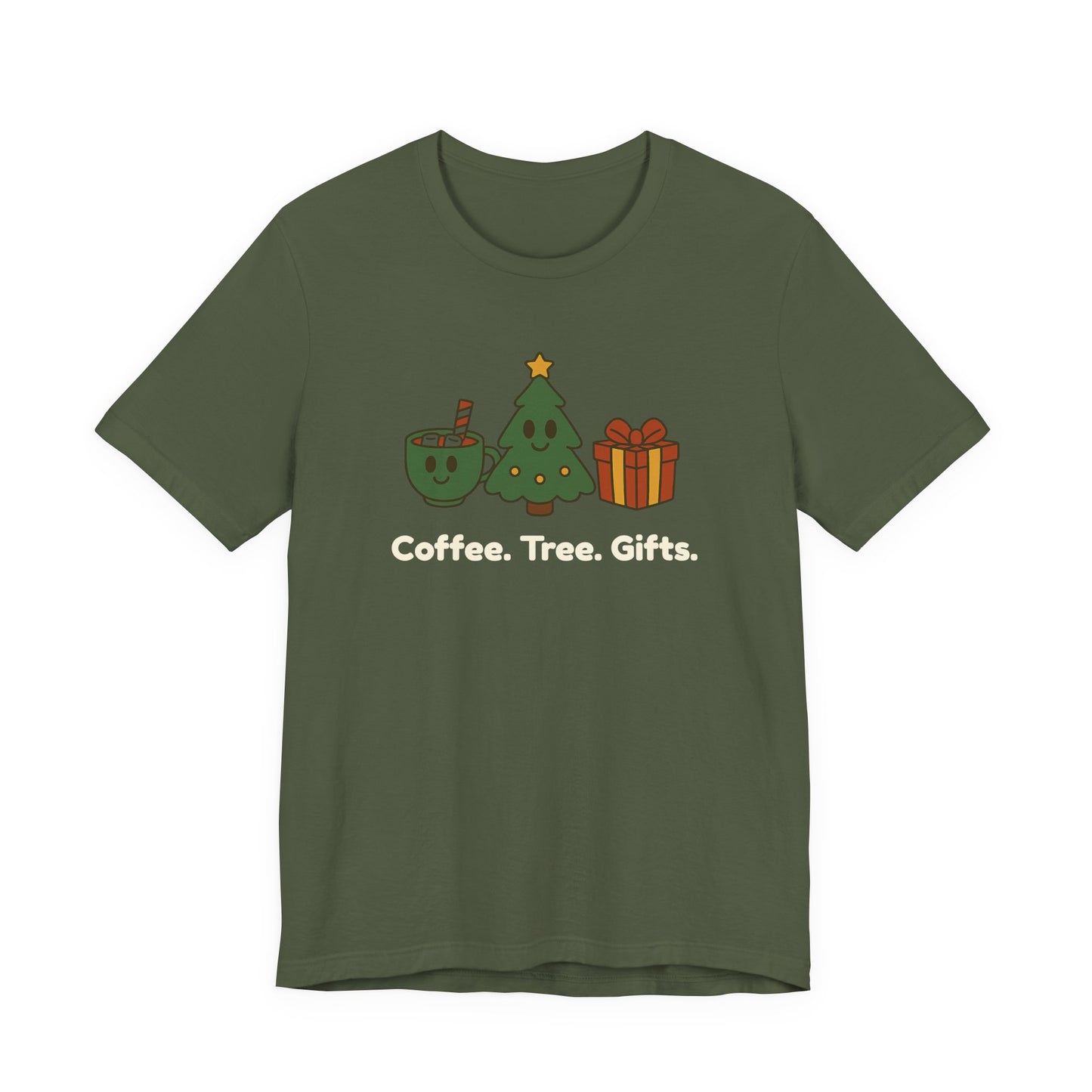 Green t-shirt with Christmas-themed graphics and text 'Coffee. Tree. Gifts.' on a white background