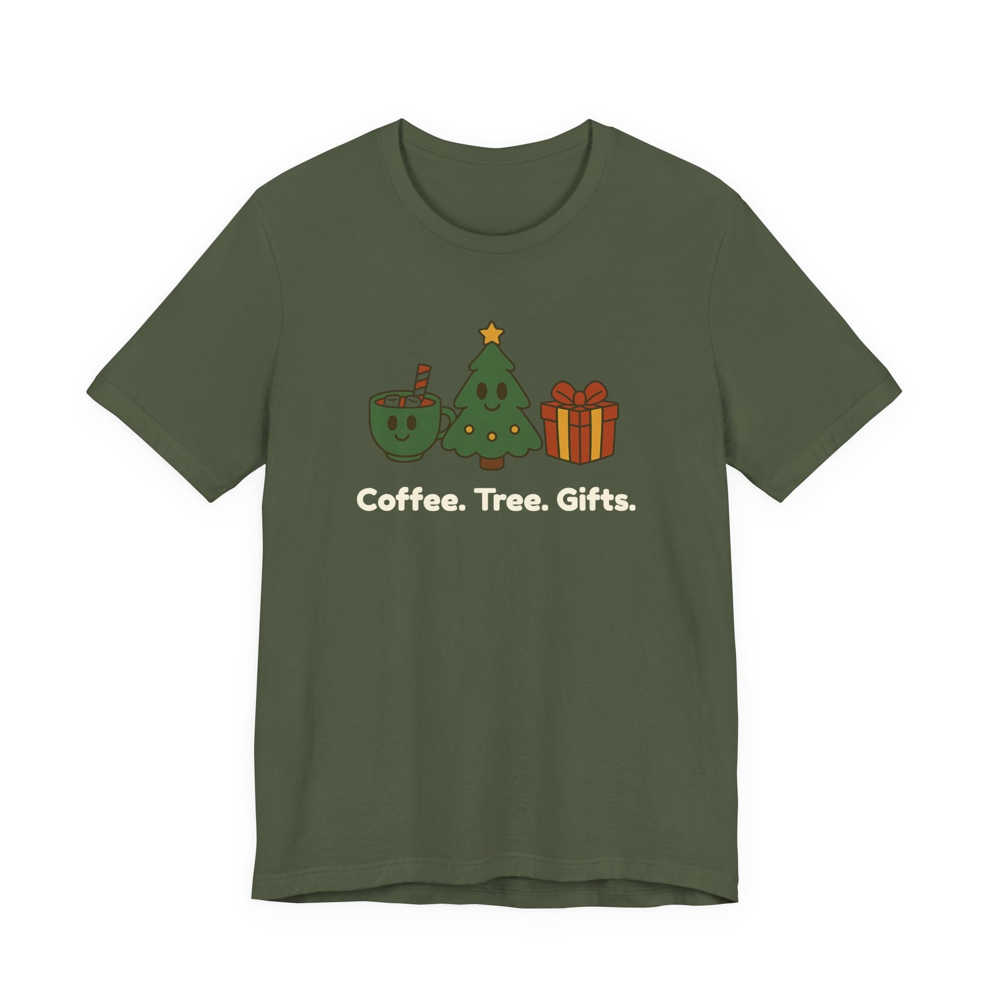 Green t-shirt with Christmas-themed graphics and text 'Coffee. Tree. Gifts.' on a white background