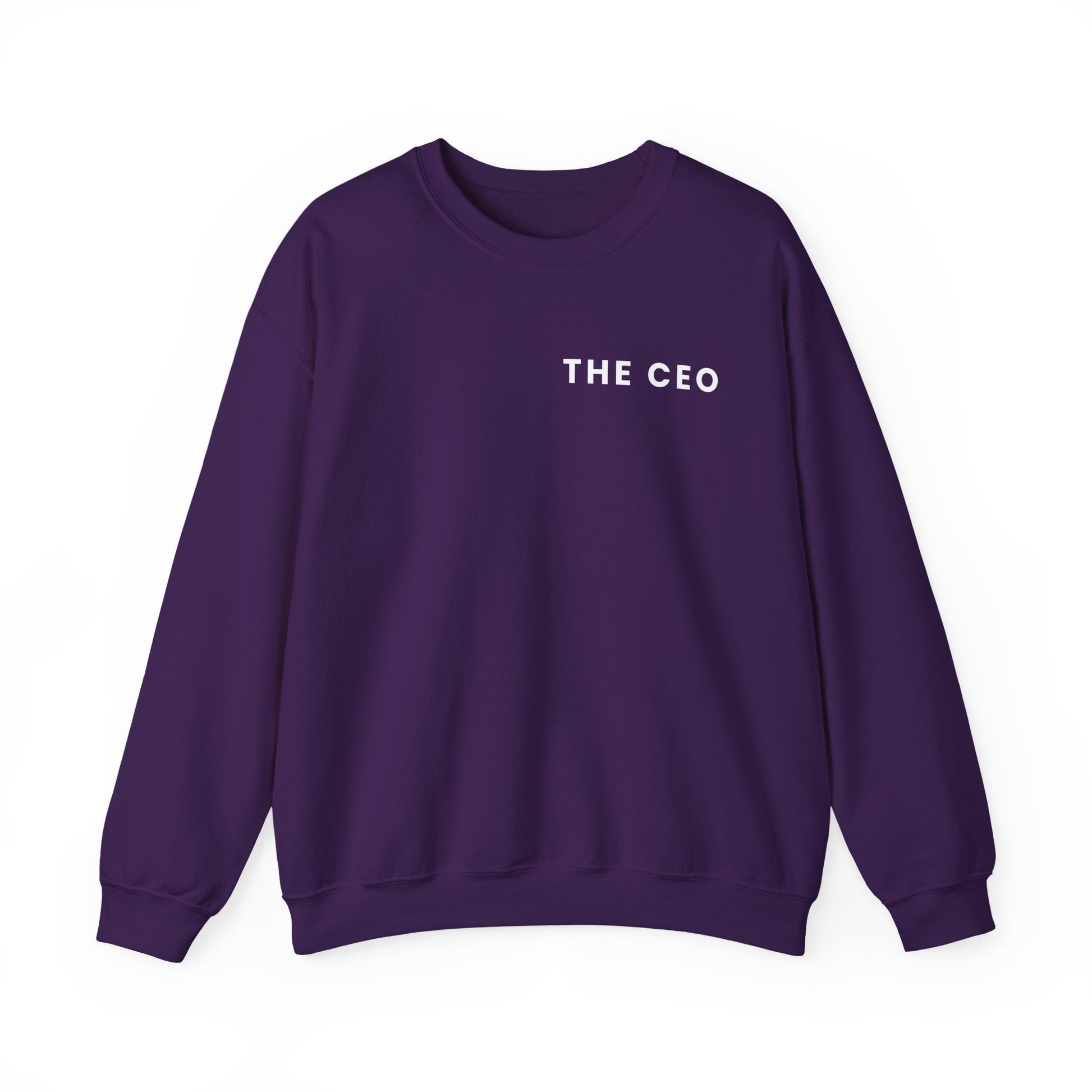 Purple sweatshirt with 'THE CEO' text on a white background