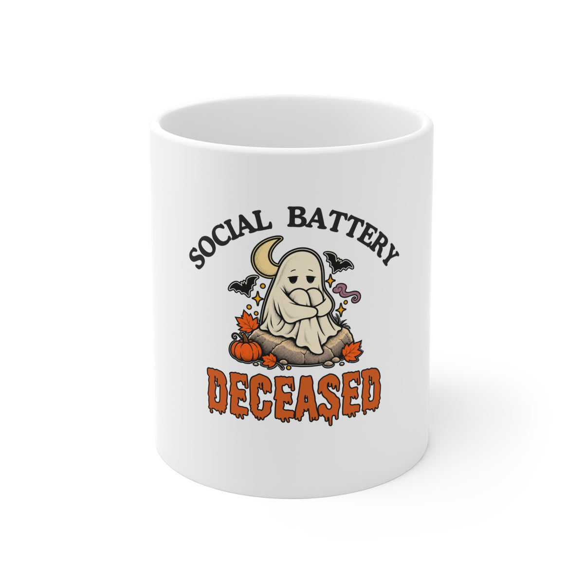 A white ceramic mug featuring a 'Social Battery: Deceased' graphic with a ghost sitting on a rock