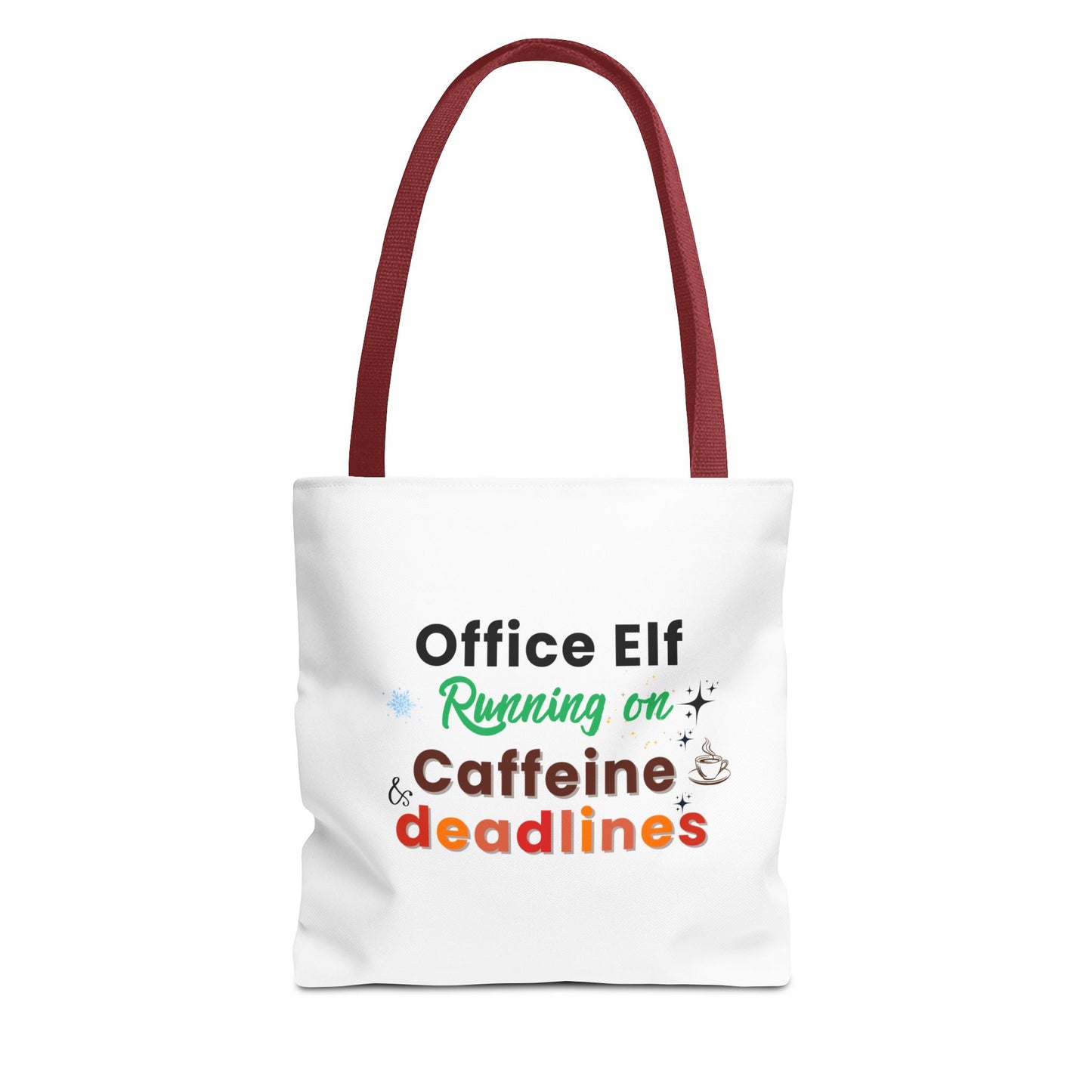 Tote bag with red handle and text 'Office Elf Running on Caffeine & Deadlines' on a white background