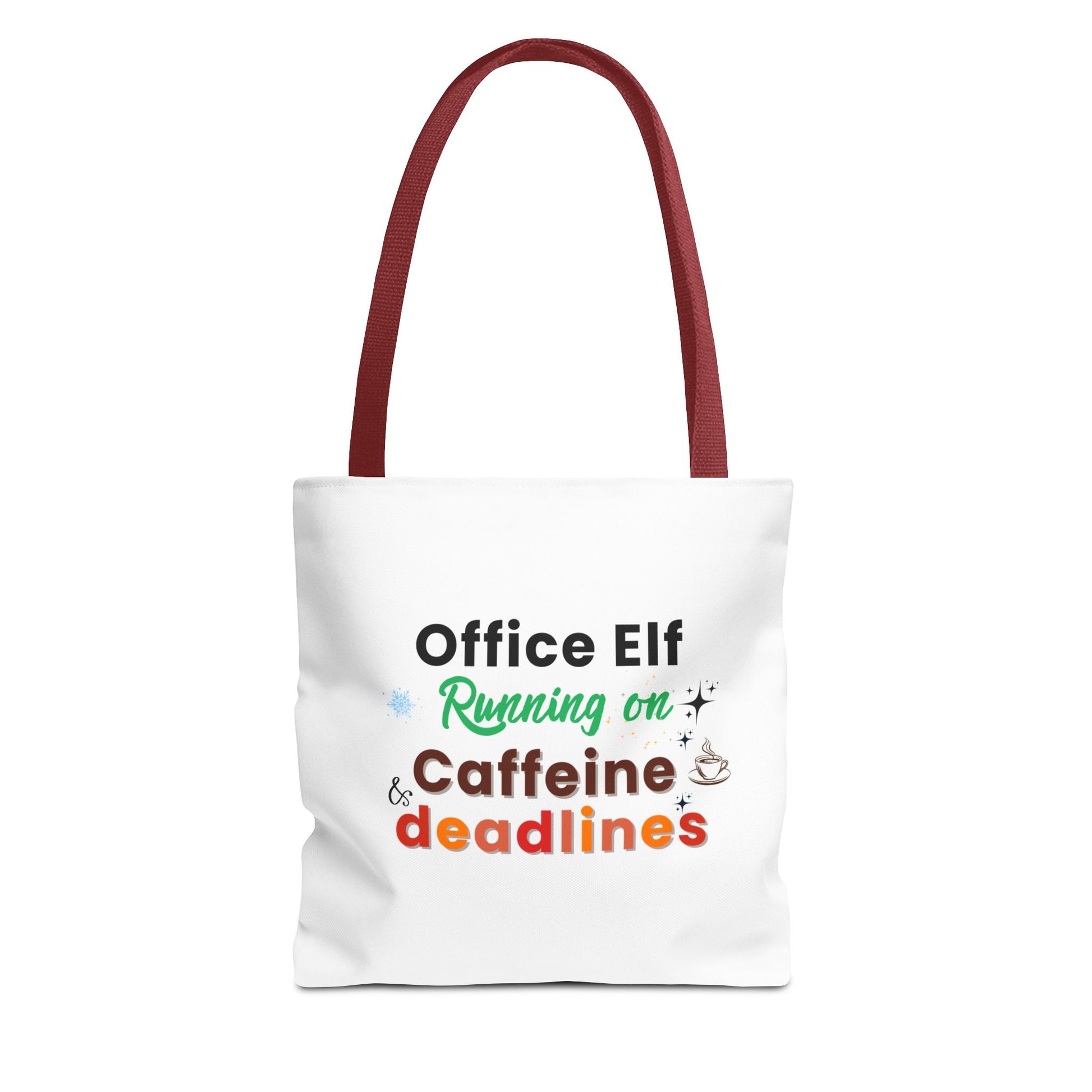 Tote bag with red handle and text 'Office Elf Running on Caffeine & Deadlines' on a white background