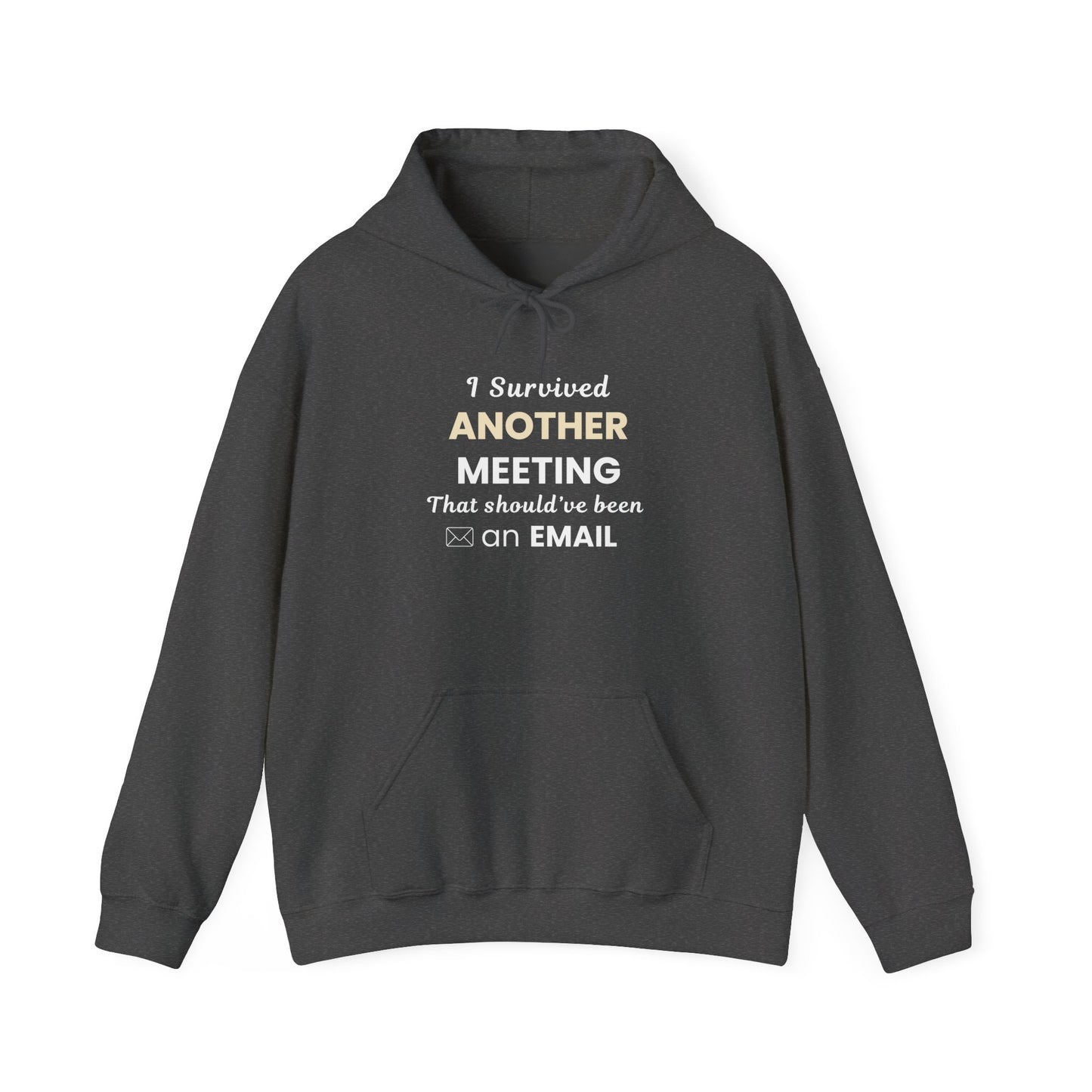 Dark gray hoodie with text 'I Survived Another Meeting That Should’ve Been an Email' on a white background