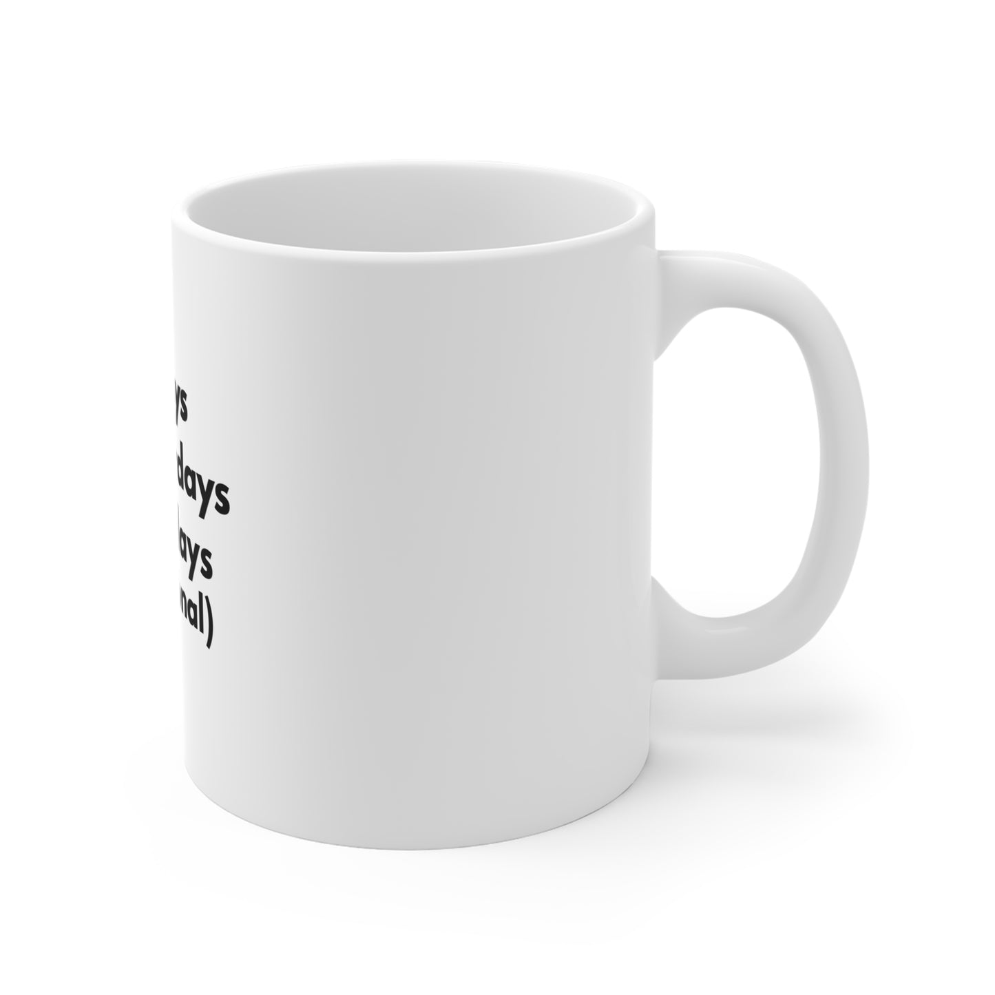 Right side of white mug with text on a white background
