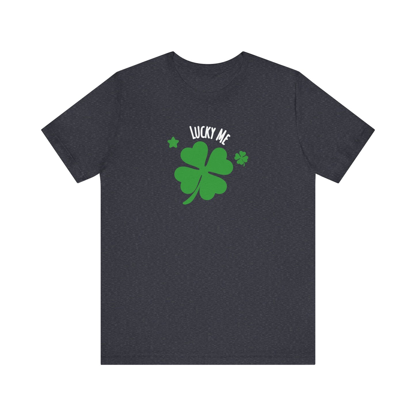 heather navy t-shirt with green four-leaf clover graphic and 'Lucky Me' text on a white background