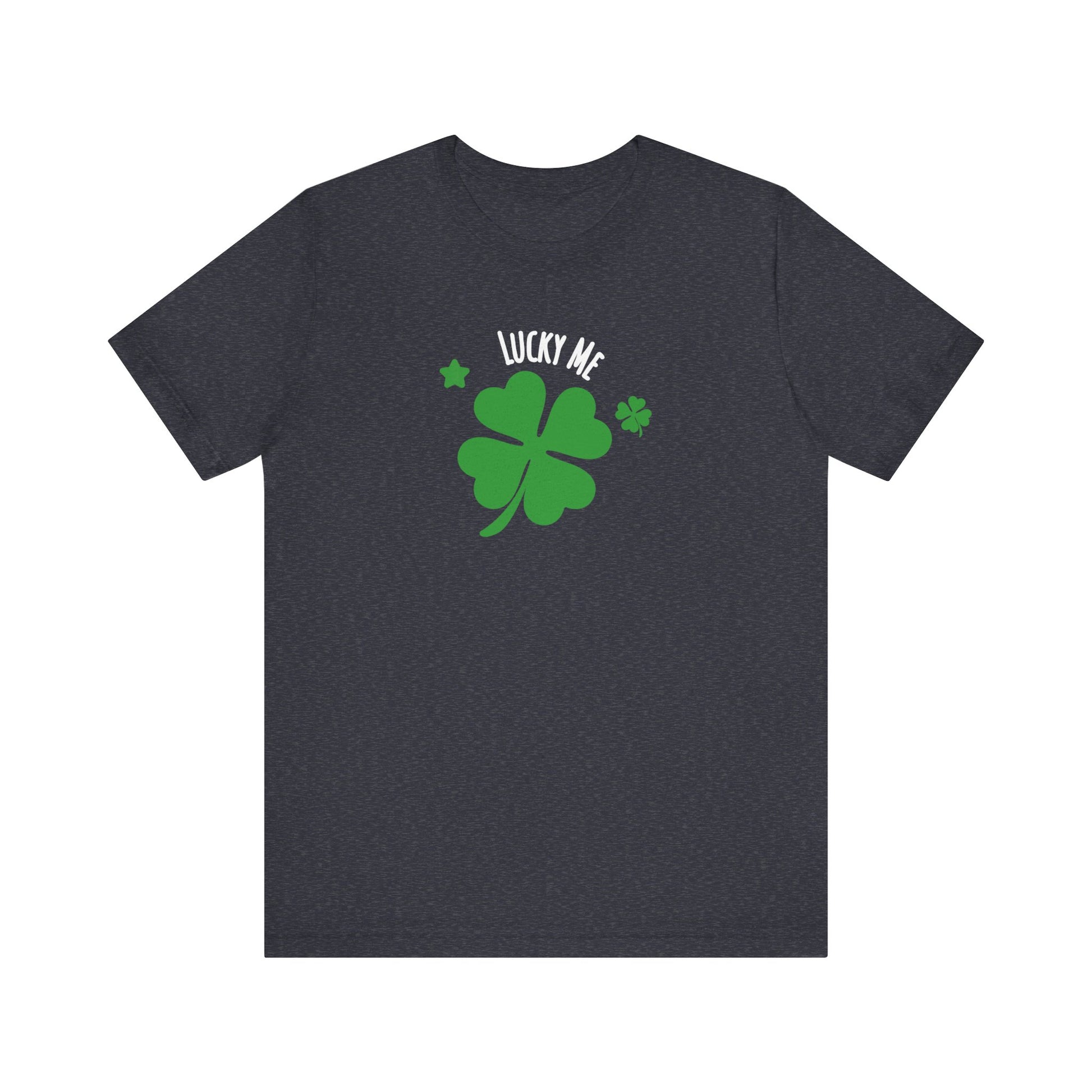 heather navy t-shirt with green four-leaf clover graphic and 'Lucky Me' text on a white background