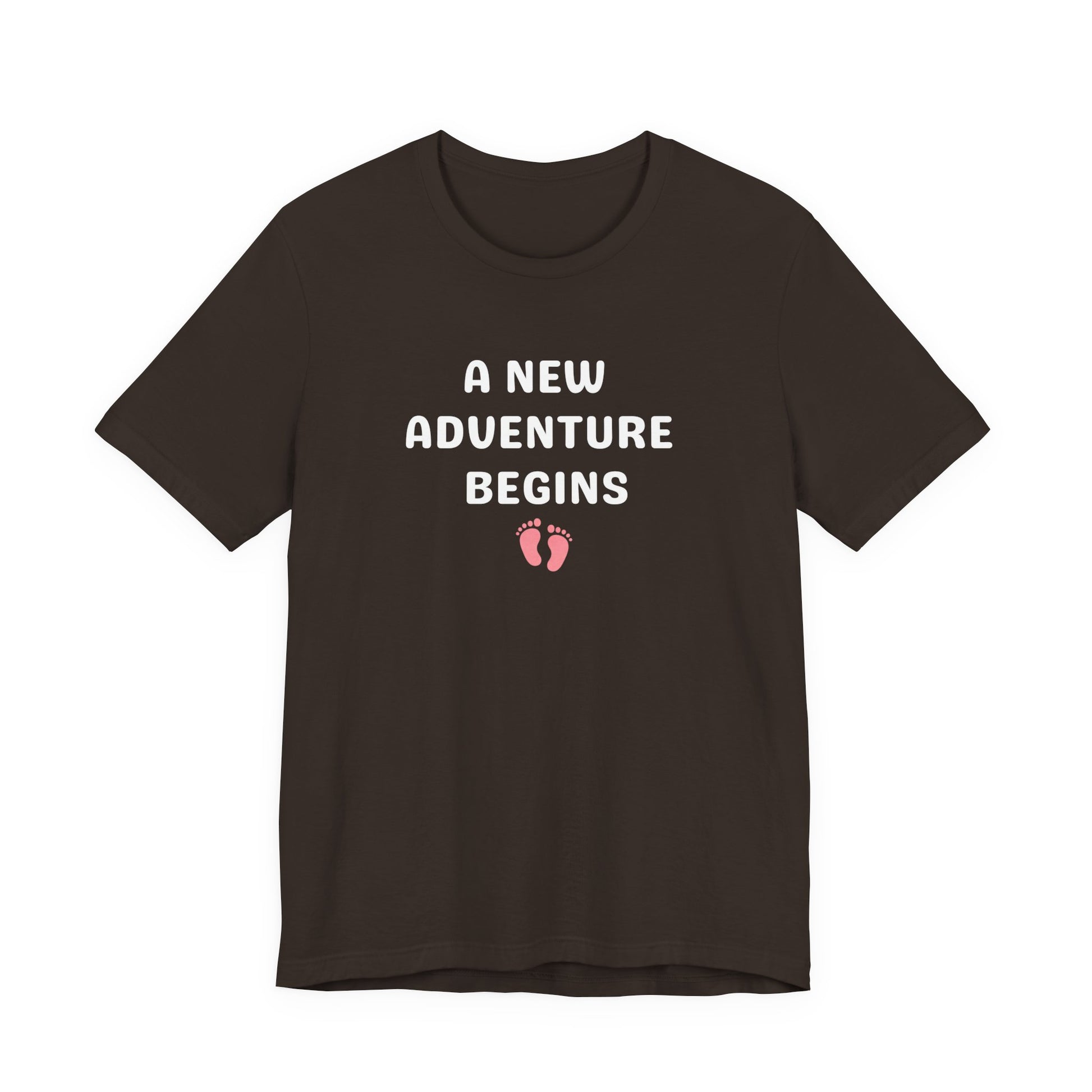 Black t-shirt with 'A New Adventure Begins' text and footprints on a white background