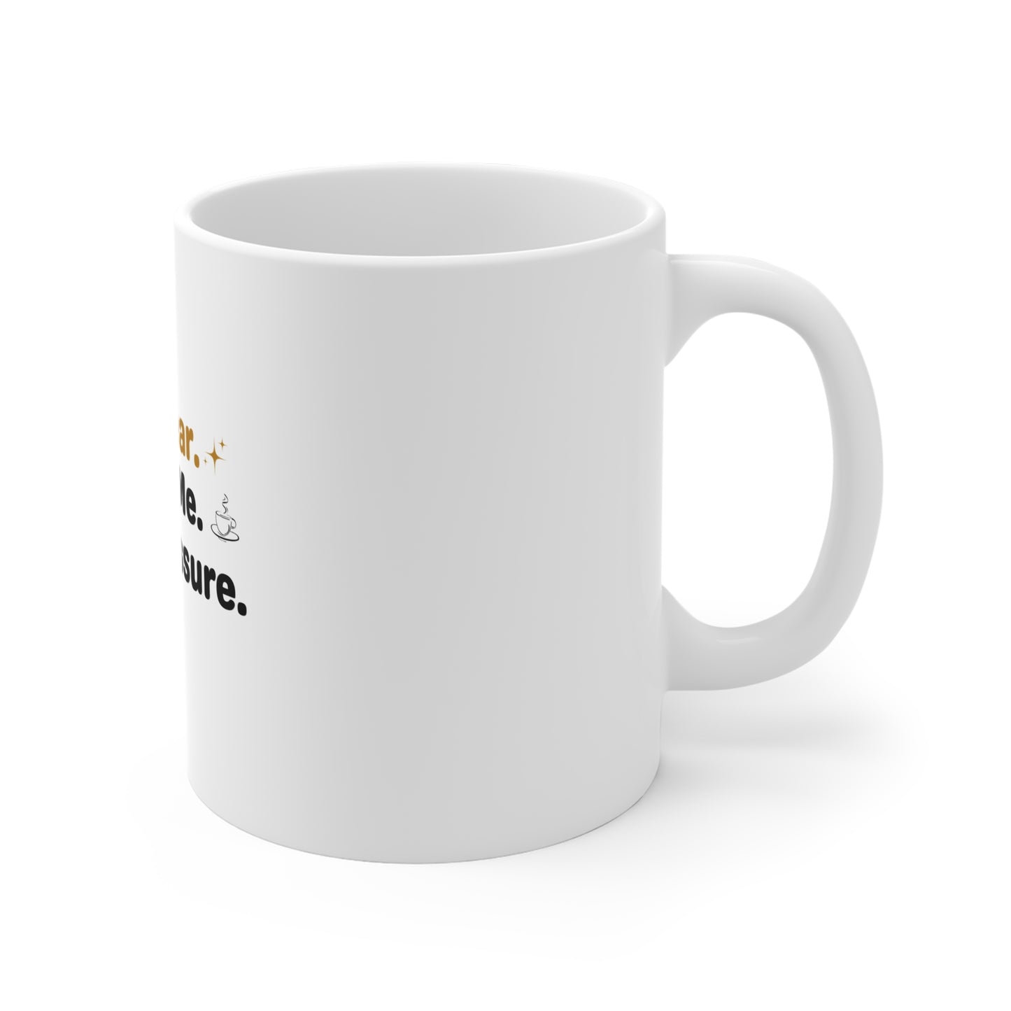 Right side of white mug with text 'New Year. Same Me. Less Pressure.' on a white background