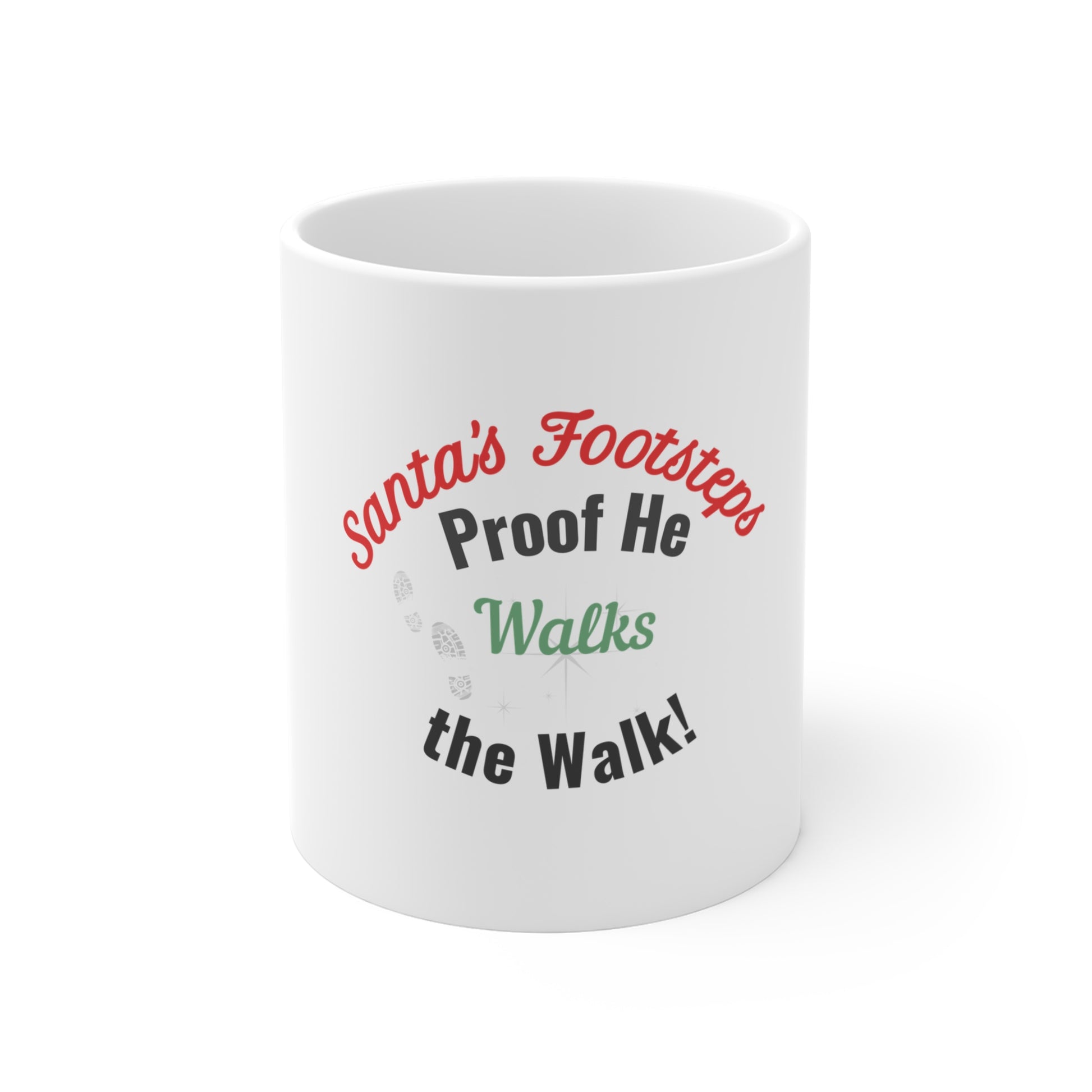 White mug with humorous text 'Santa's Footsteps - Proof He Walks The Walk!' design on a white background
