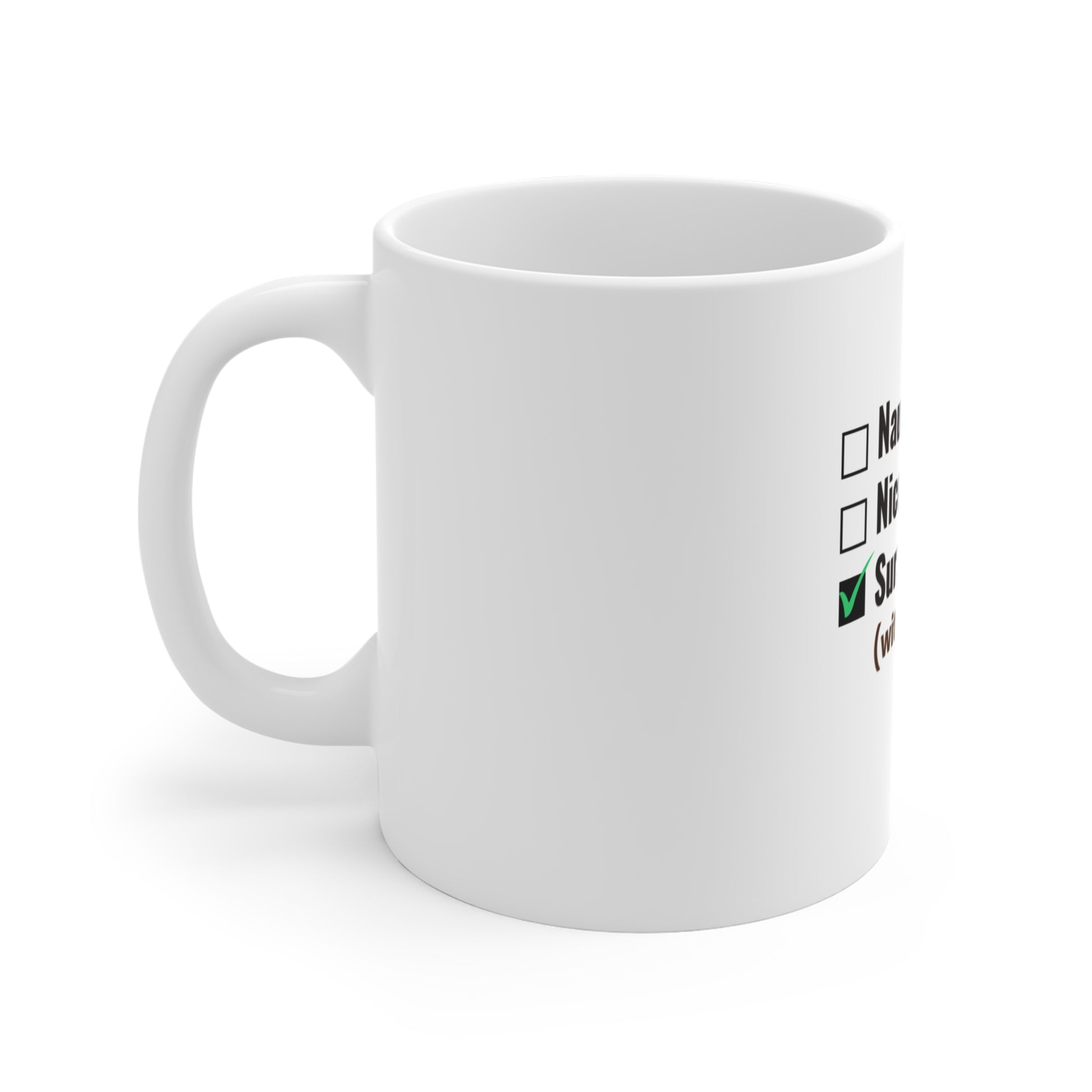 Left side view of white mug with text and checkboxes on a white background