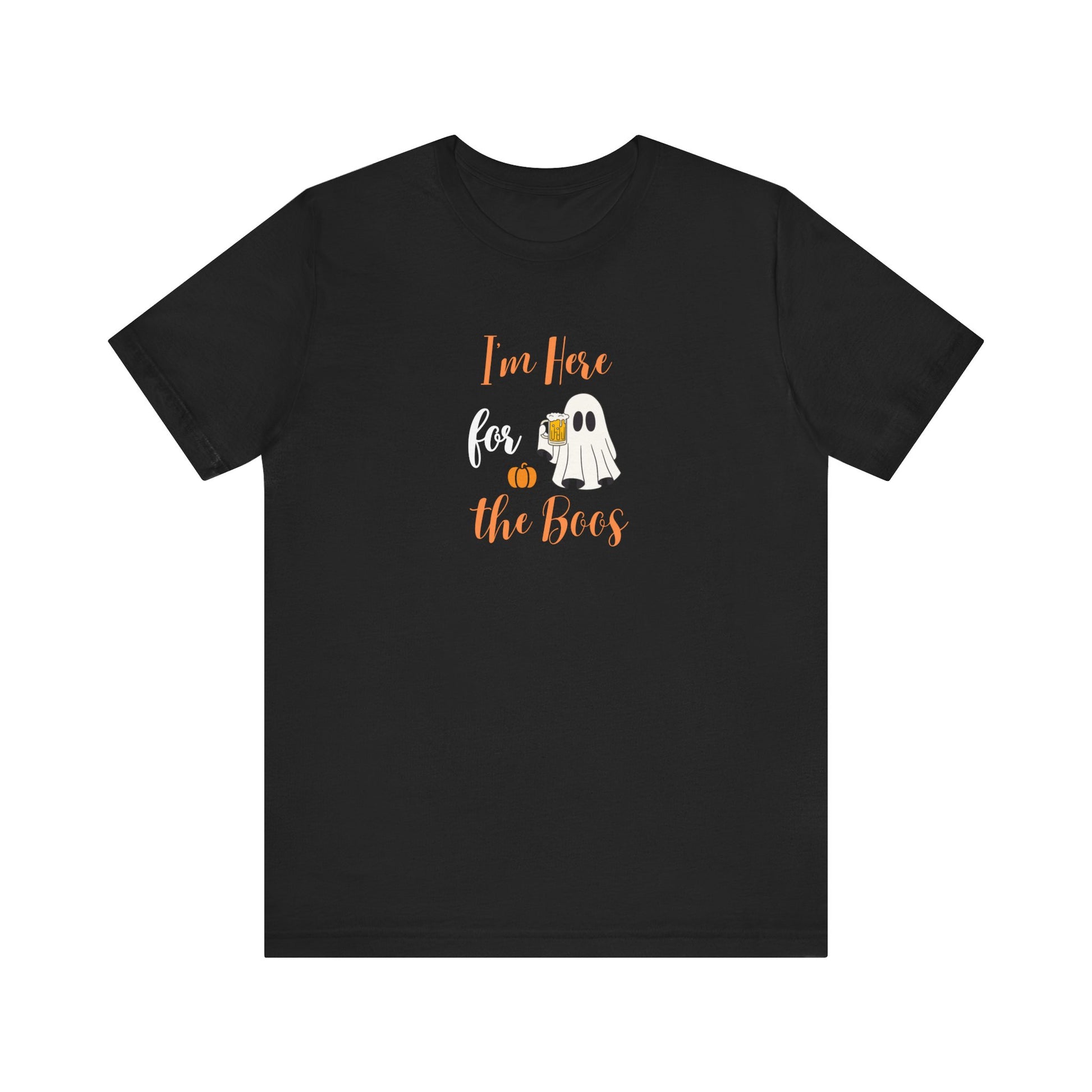 Black t-shirt with Halloween-themed design featuring a ghost and pumpkin on a white background