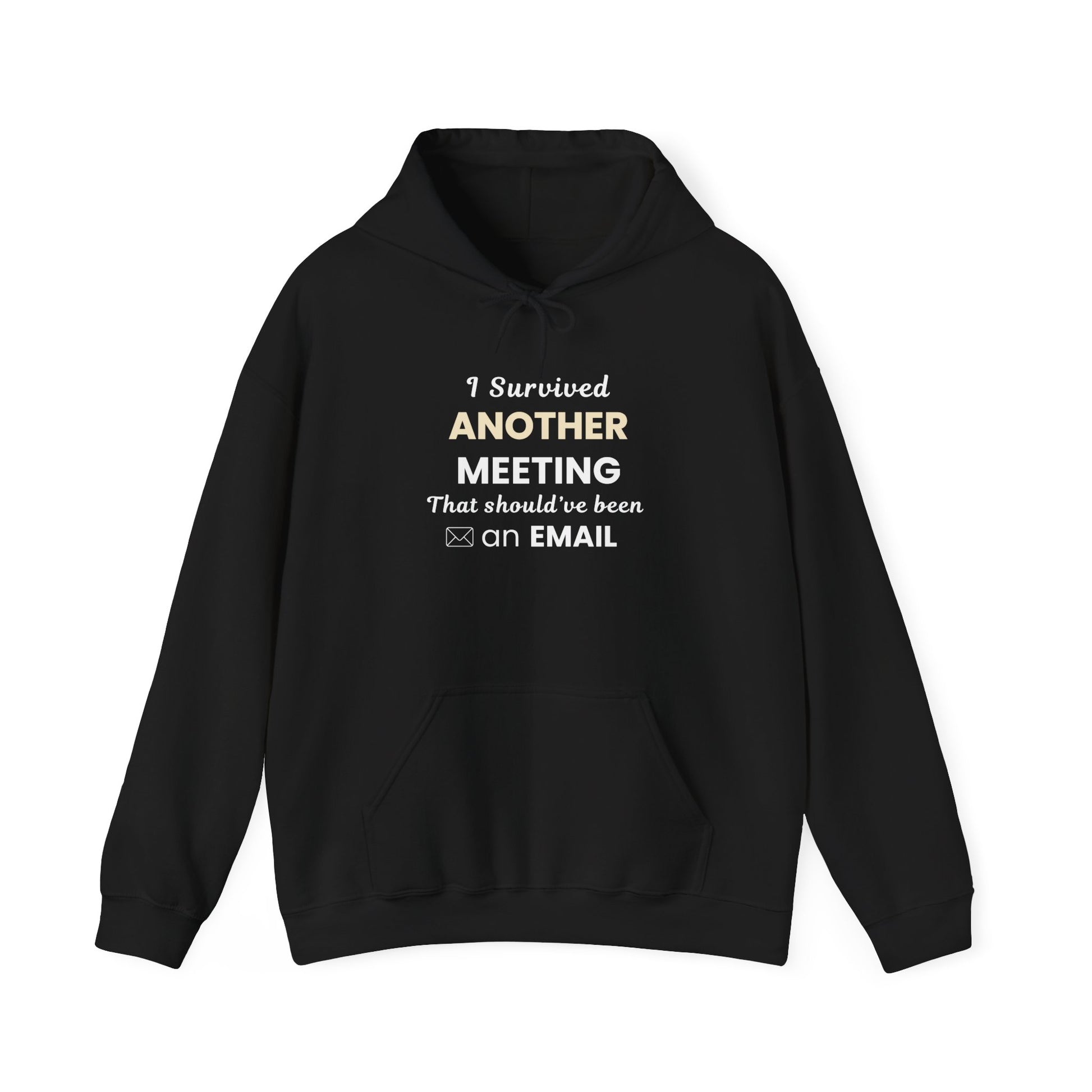 Black hoodie with text 'I Survived Another Meeting That Should’ve Been an Email' on a white background
