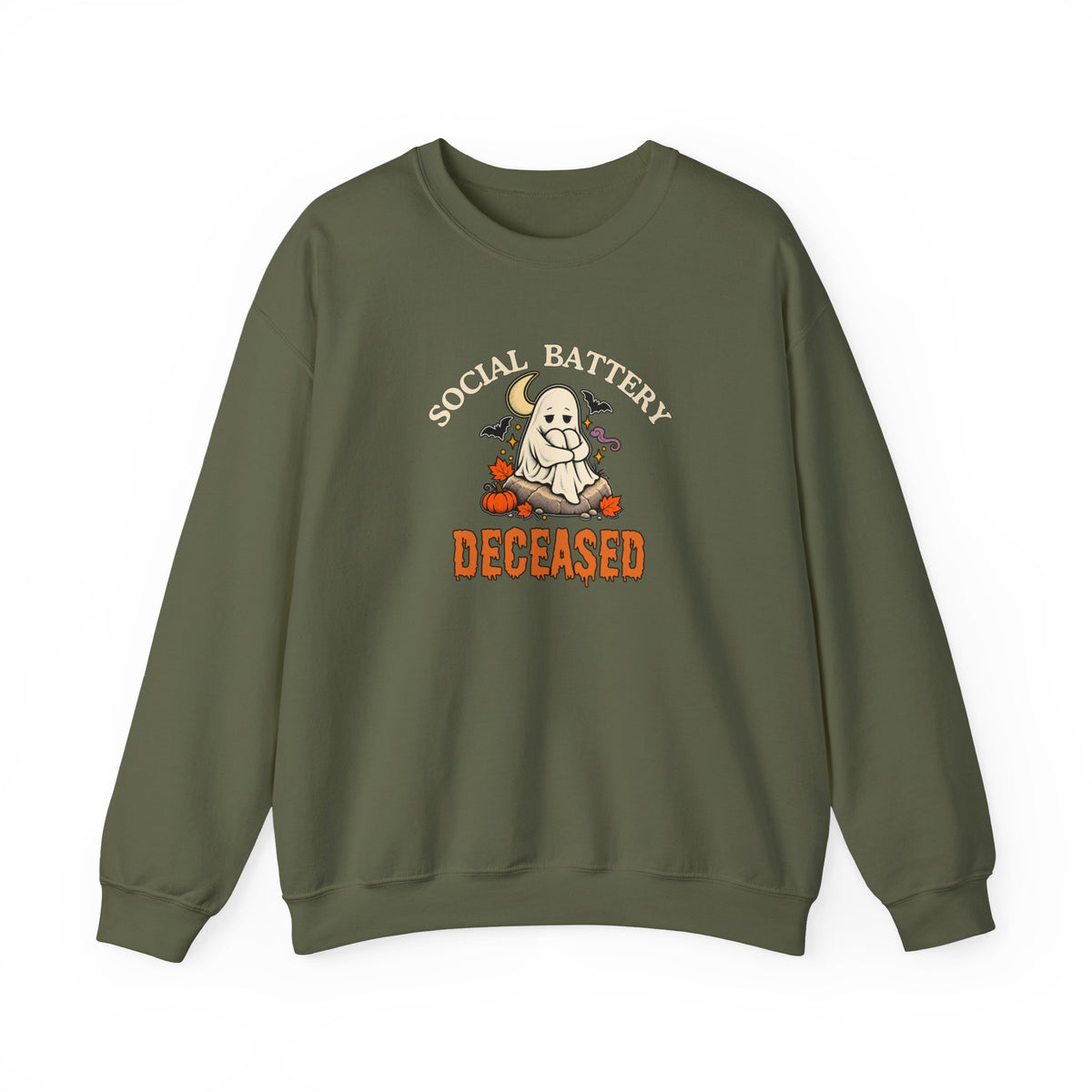 Military green sweatshirt featuring the text 'Social Battery: Deceased' against on a white background