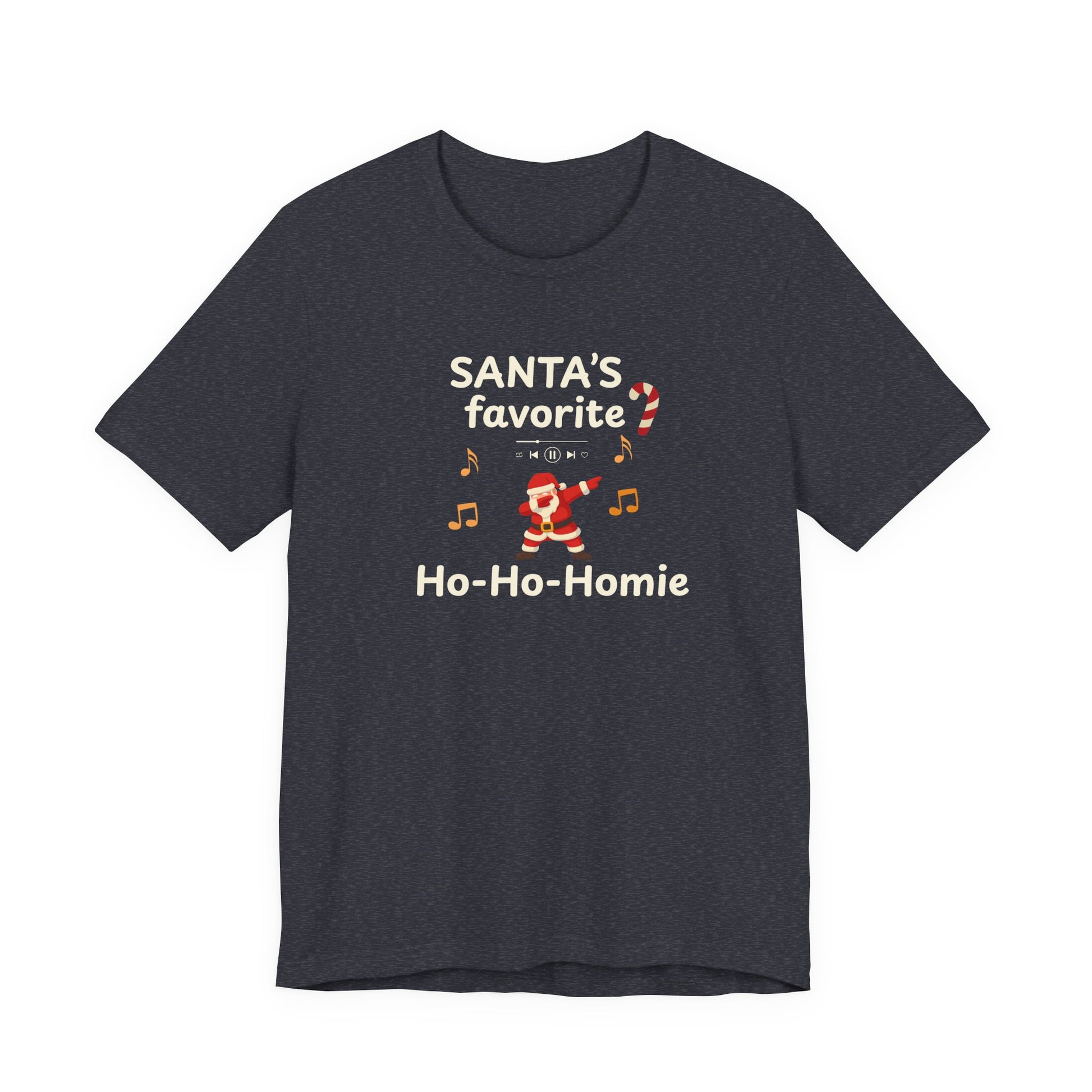 Heather navy t-shirt with text 'Santa's Favorite Ho-Ho-Homie' on a white background