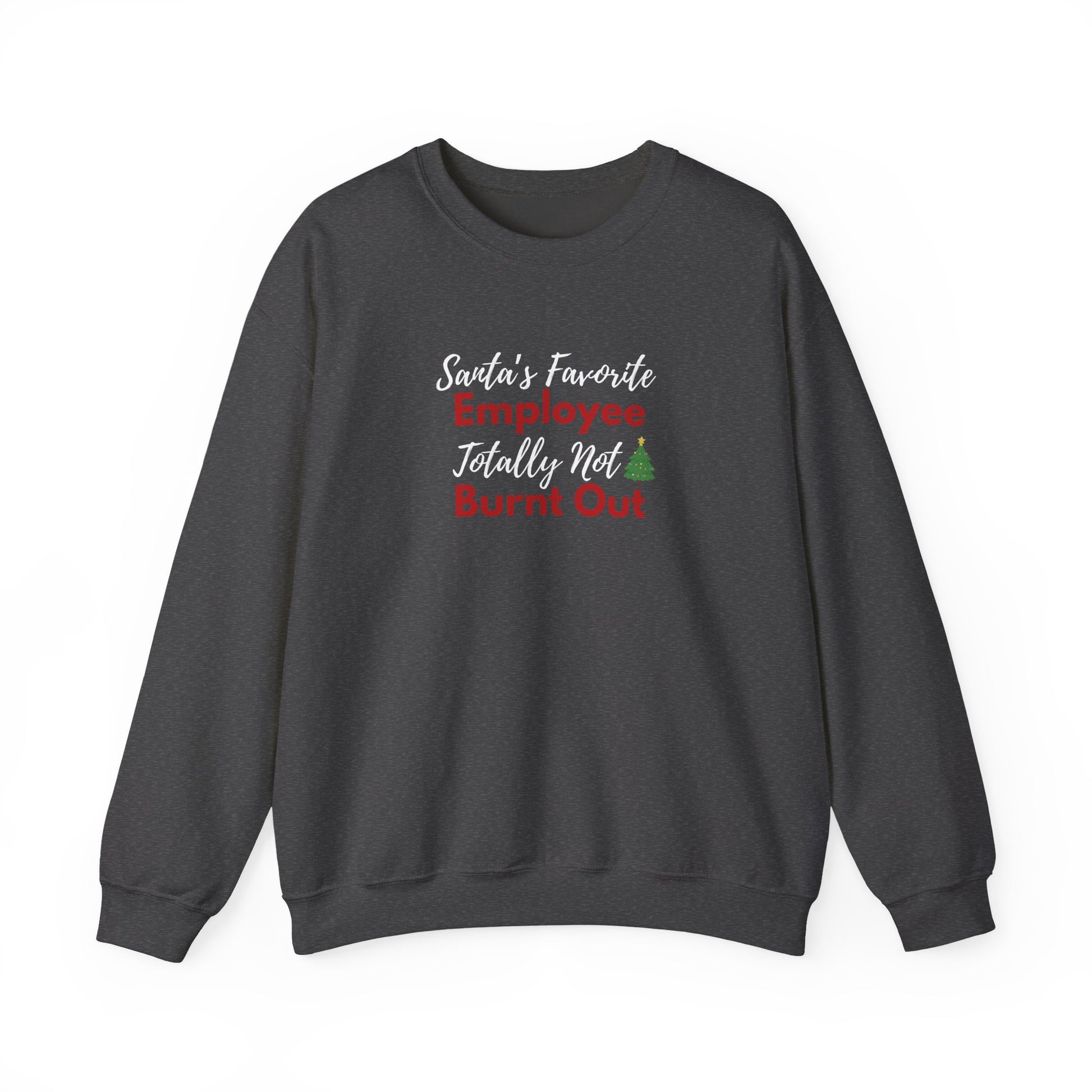 Dark gray sweatshirt with Christmas-themed text on a white background