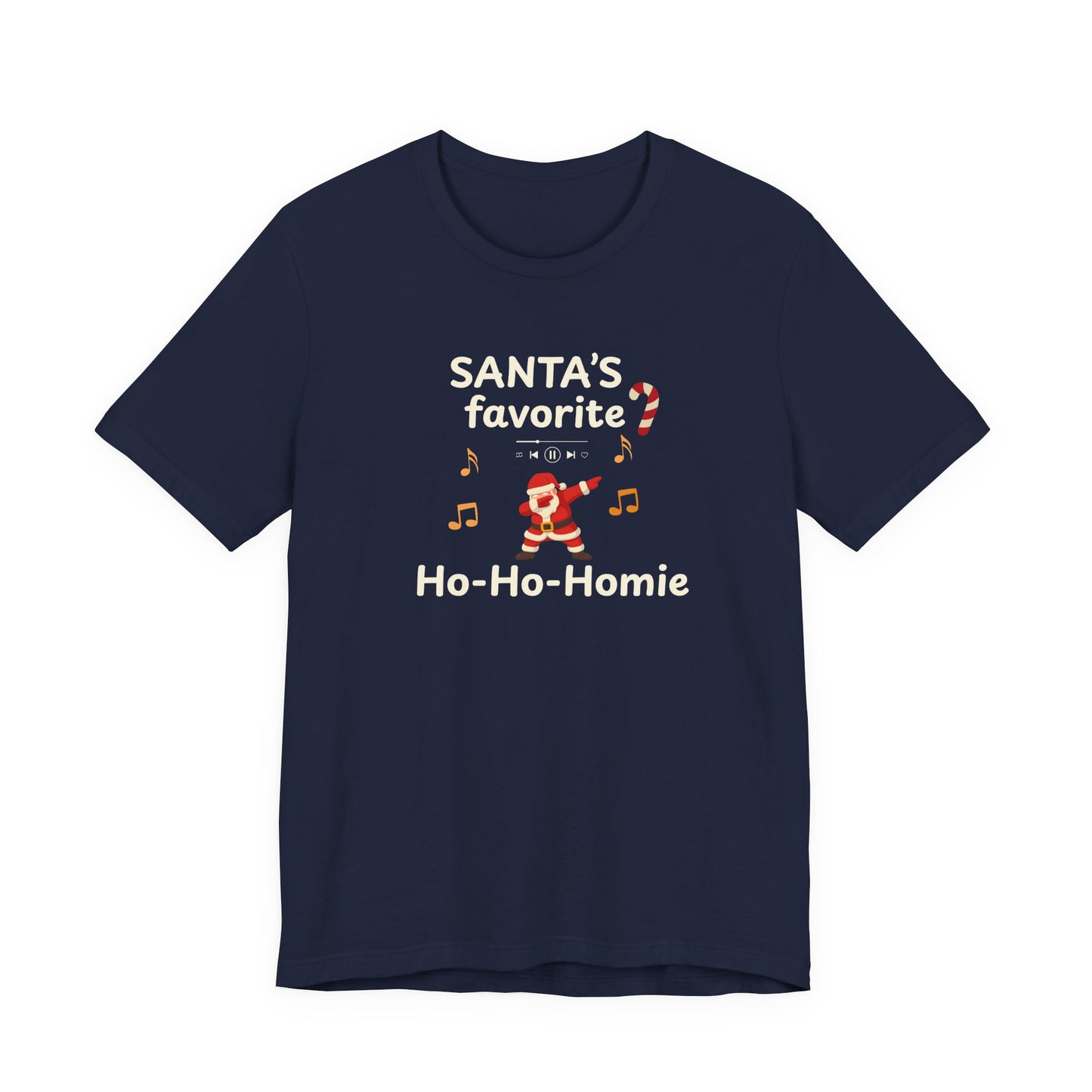 Navy t-shirt with text 'Santa's Favorite Ho-Ho-Homie' on a white background