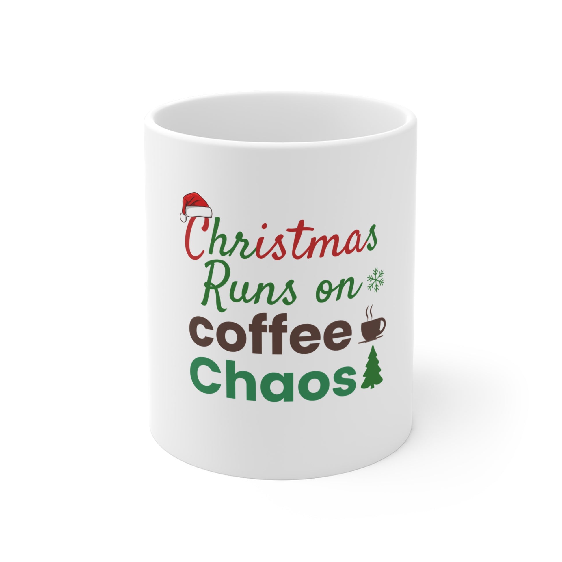 White mug with text 'Christmas runs on coffee and chaos' on a white background