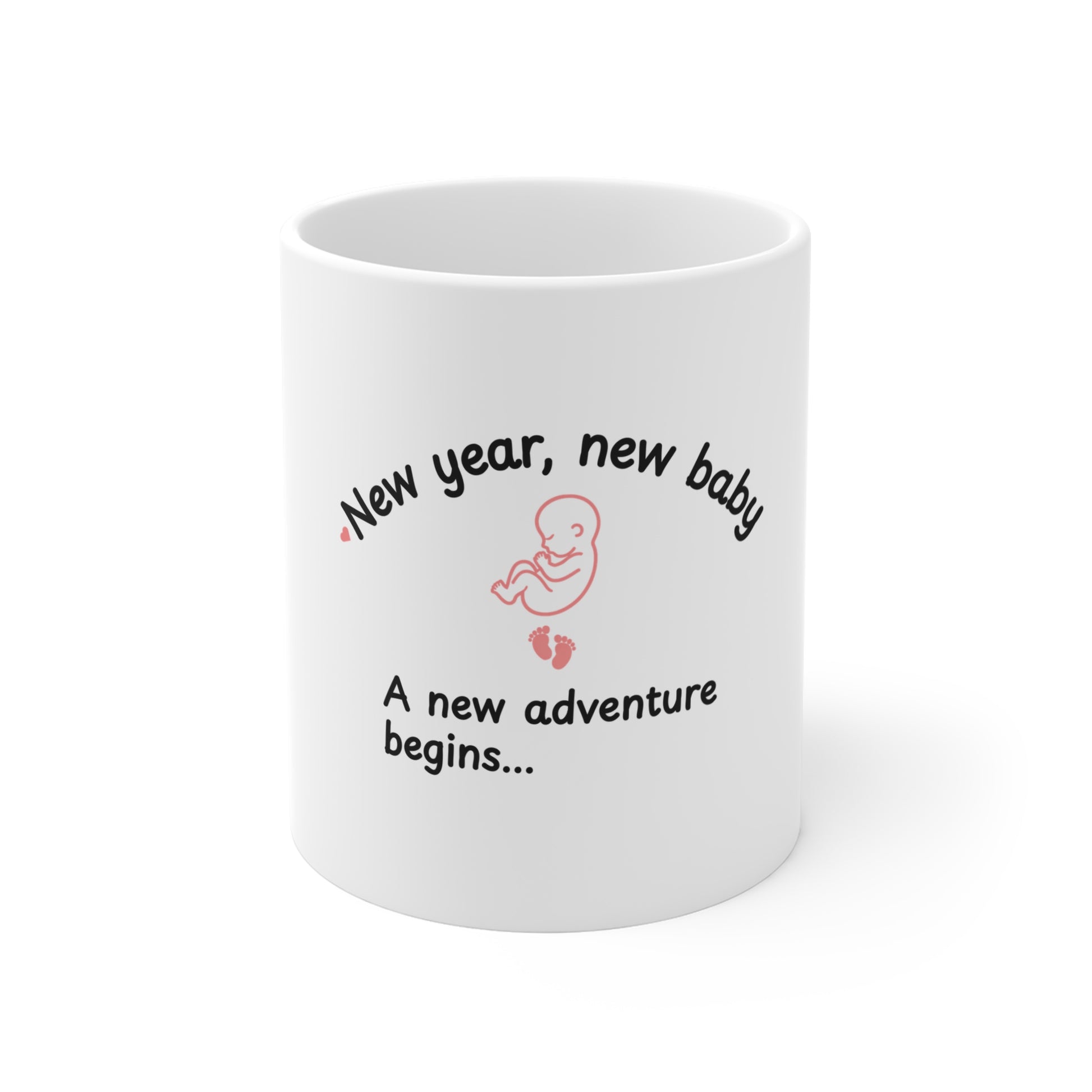 White mug featuring the text 'New year, new baby. A new adventure begins...' on white background