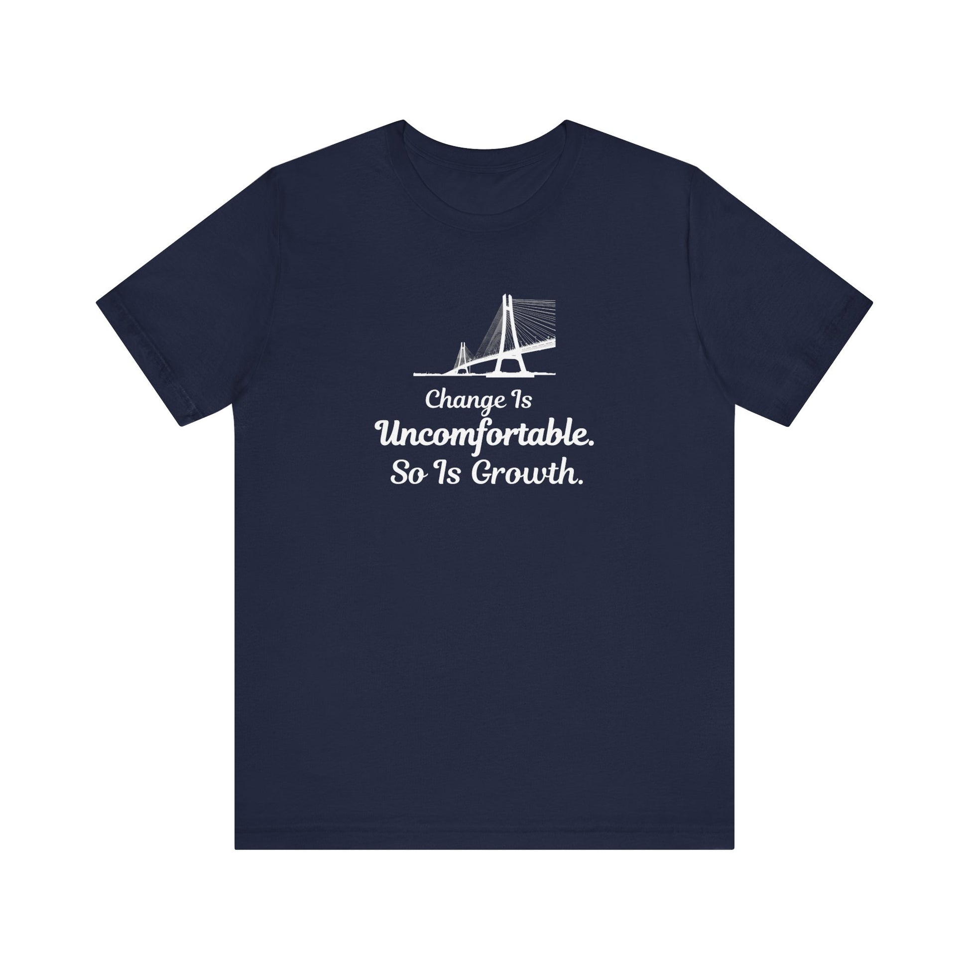 Navy t-shirt with text 'Change Is Uncomfortable. So Is Growth' and graphic on a white background