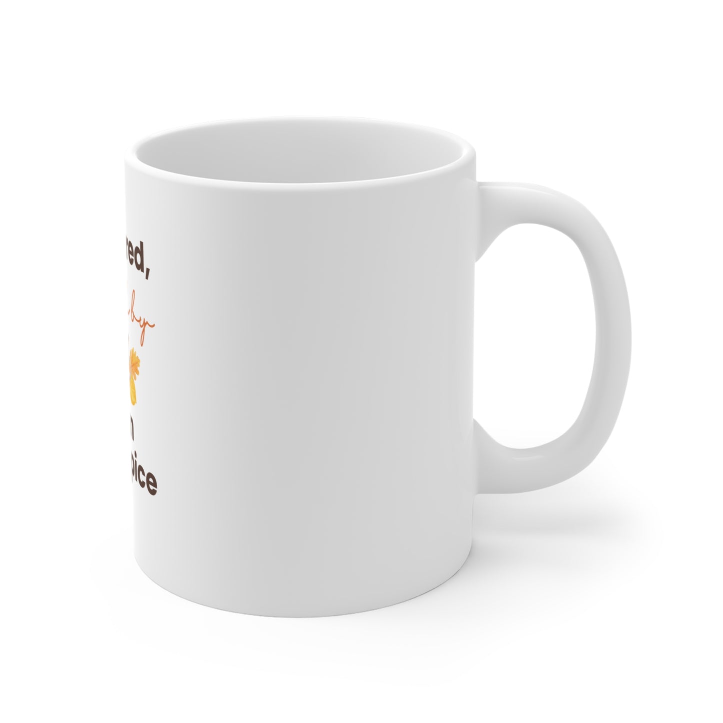 Right side view of white mug with text and graphics on a white background