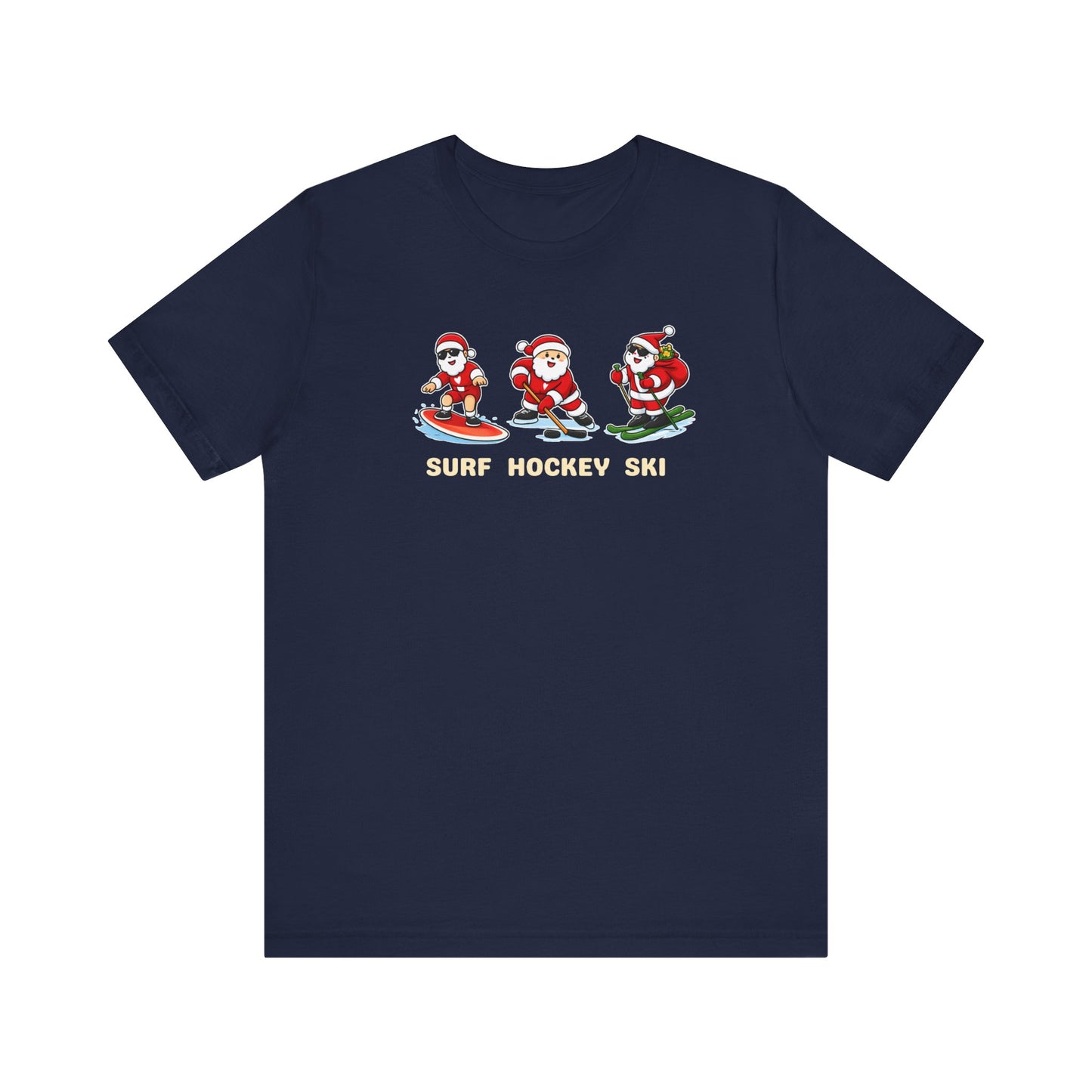 Navy t-shirt with Santa Claus graphics and 'Surf Hockey Ski' text on a white background