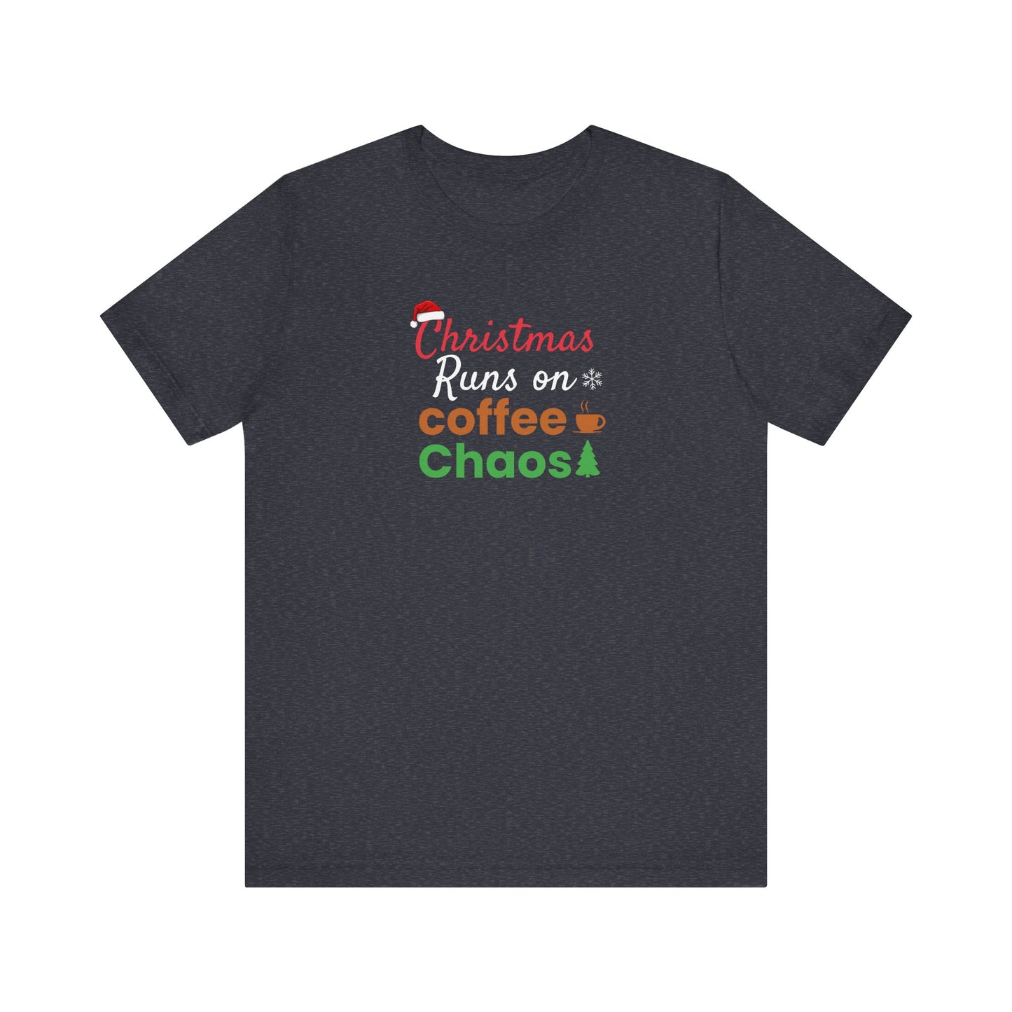 Navy t-shirt with 'Christmas Runs on Coffee & Chaos' text design on a white background