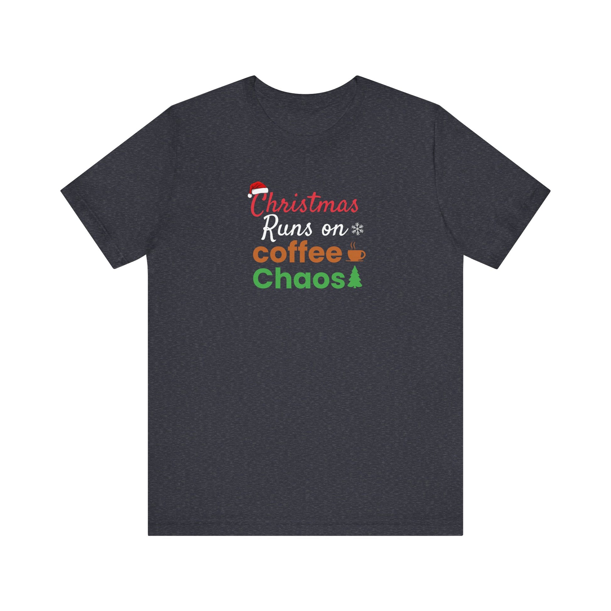 Navy t-shirt with 'Christmas Runs on Coffee & Chaos' text design on a white background