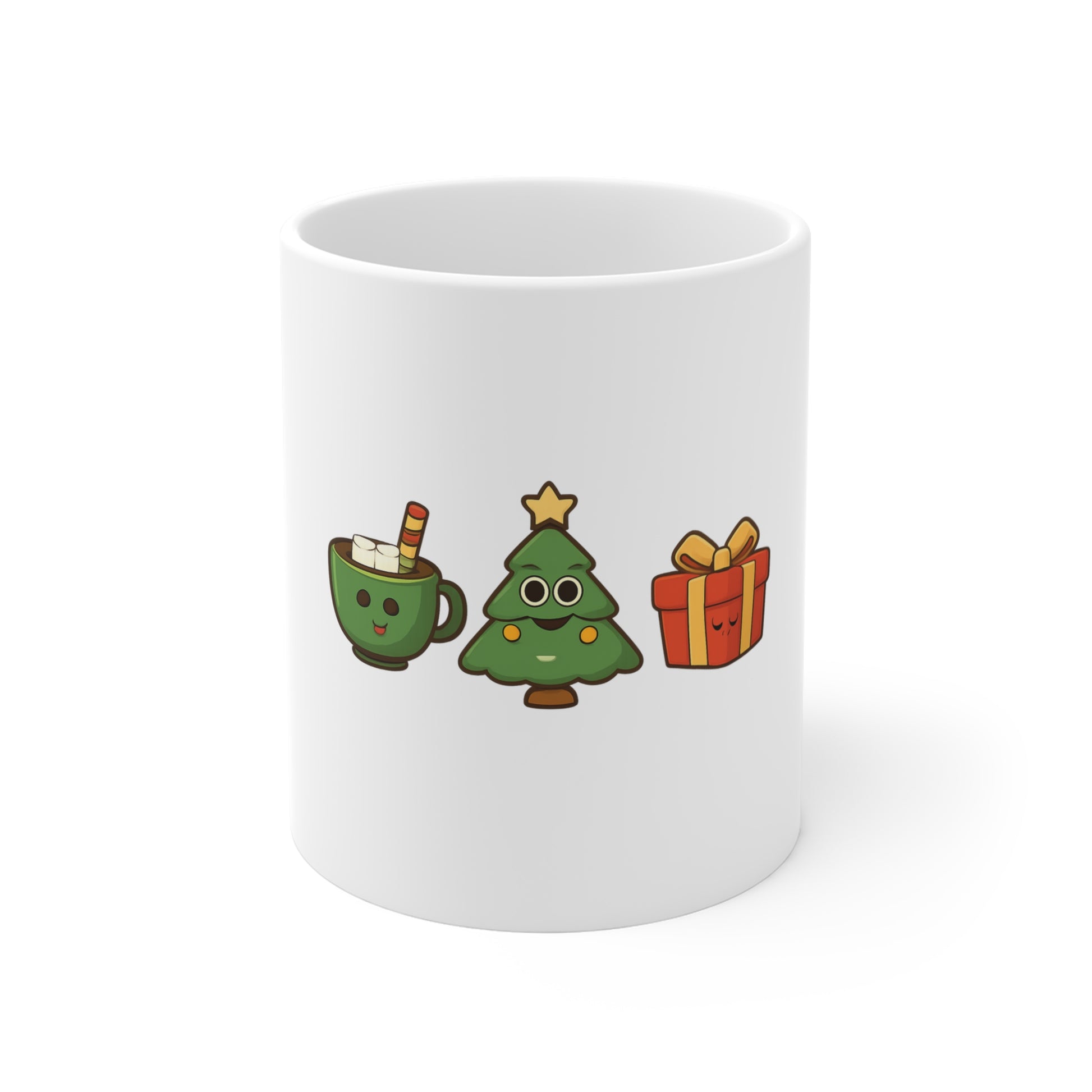 White mug with Christmas-themed illustrations on a white background