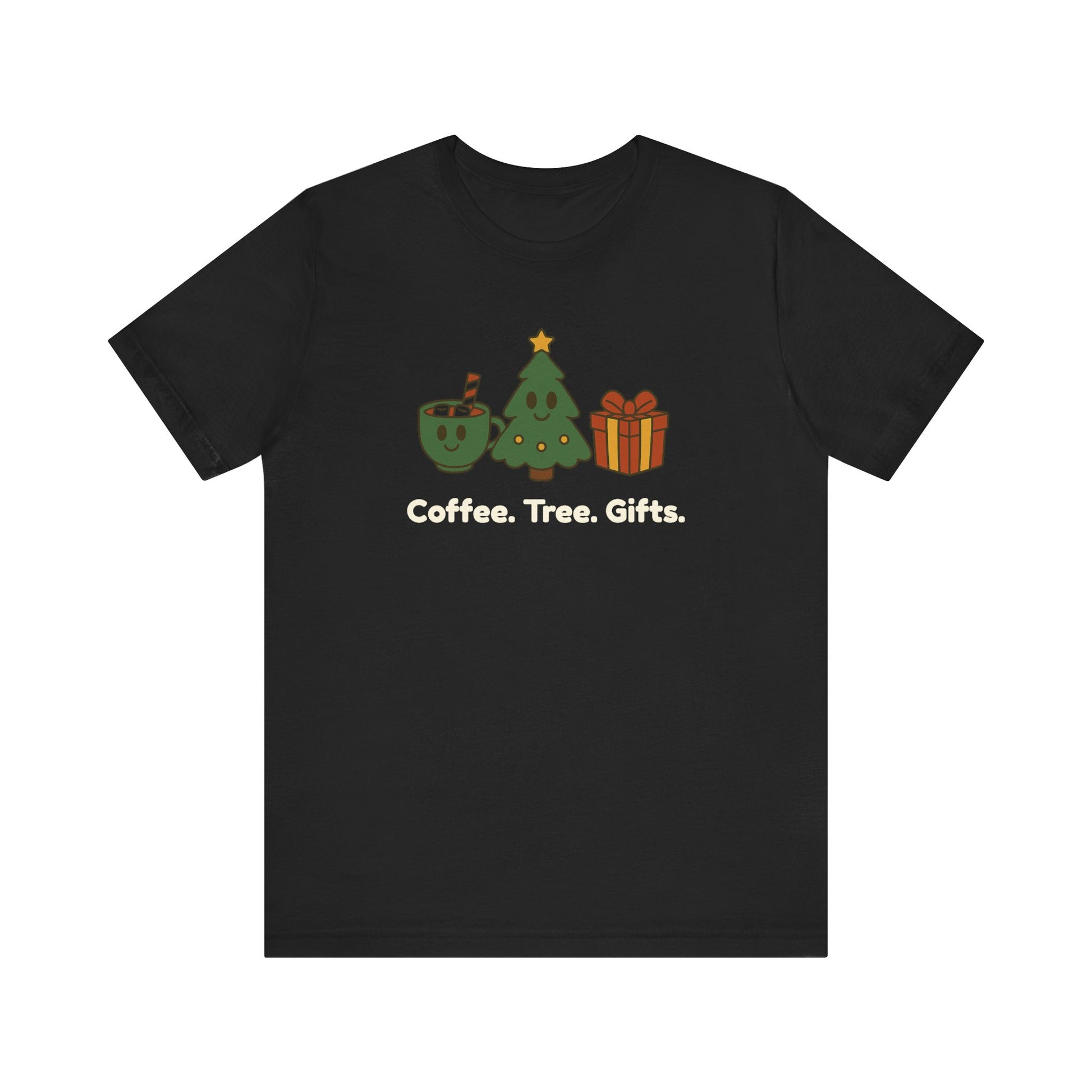 Black t-shirt with a graphic of a coffee cup, tree, and gift box on a white background