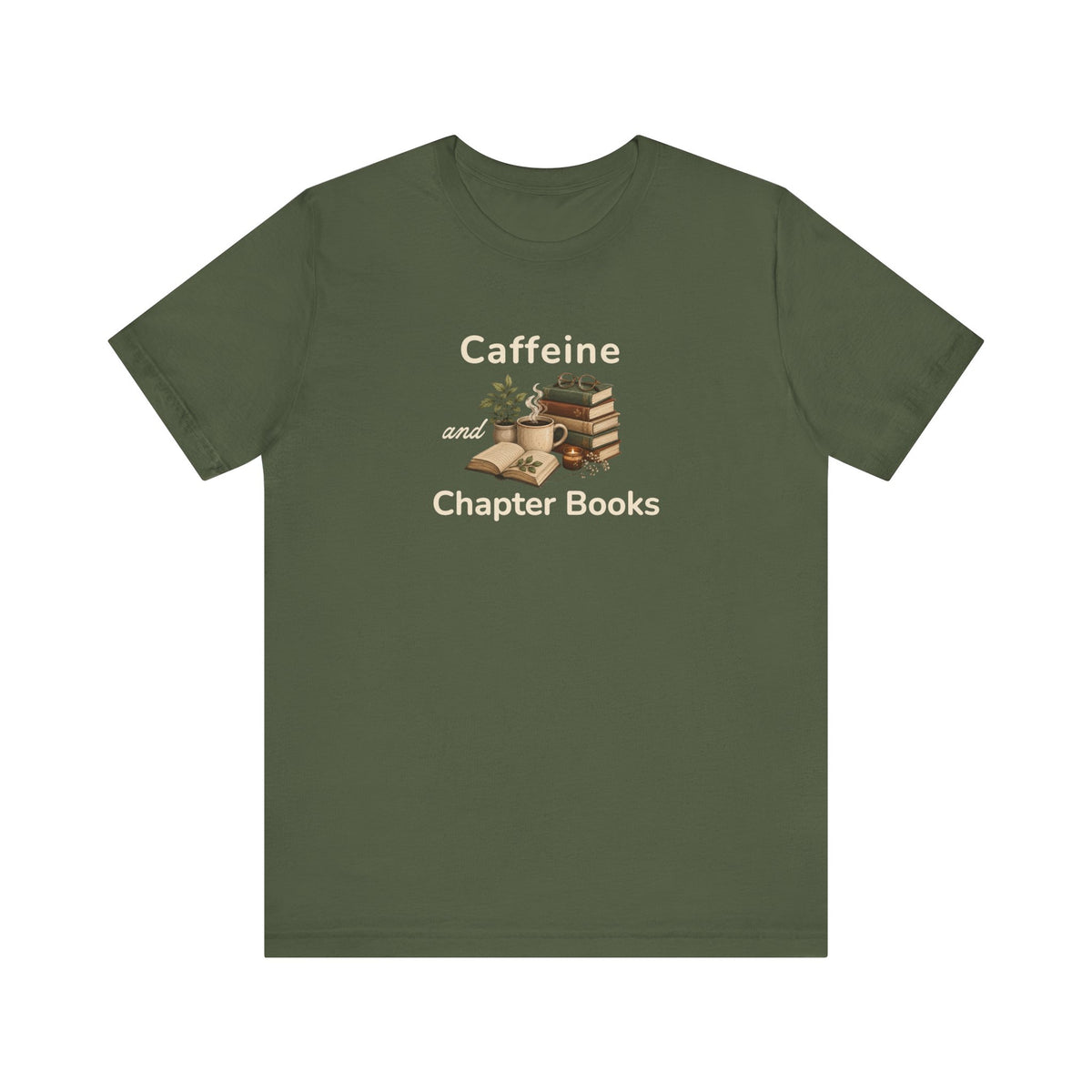 A military green t-shirt with a 'Caffeine and Chapter Books' design on the white background