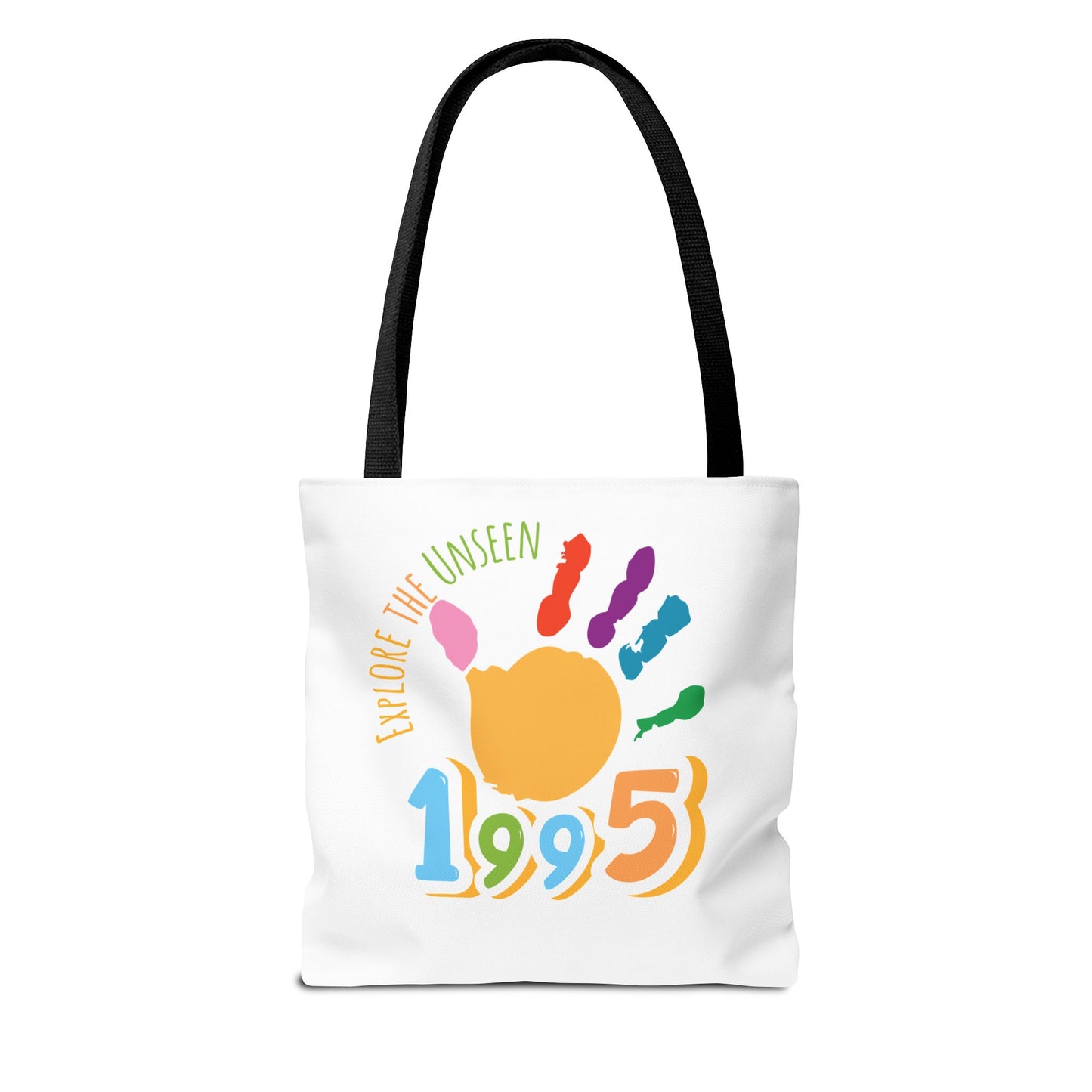 Explore the Unseen 1995 Tote Bag - Colorful Handprint Design