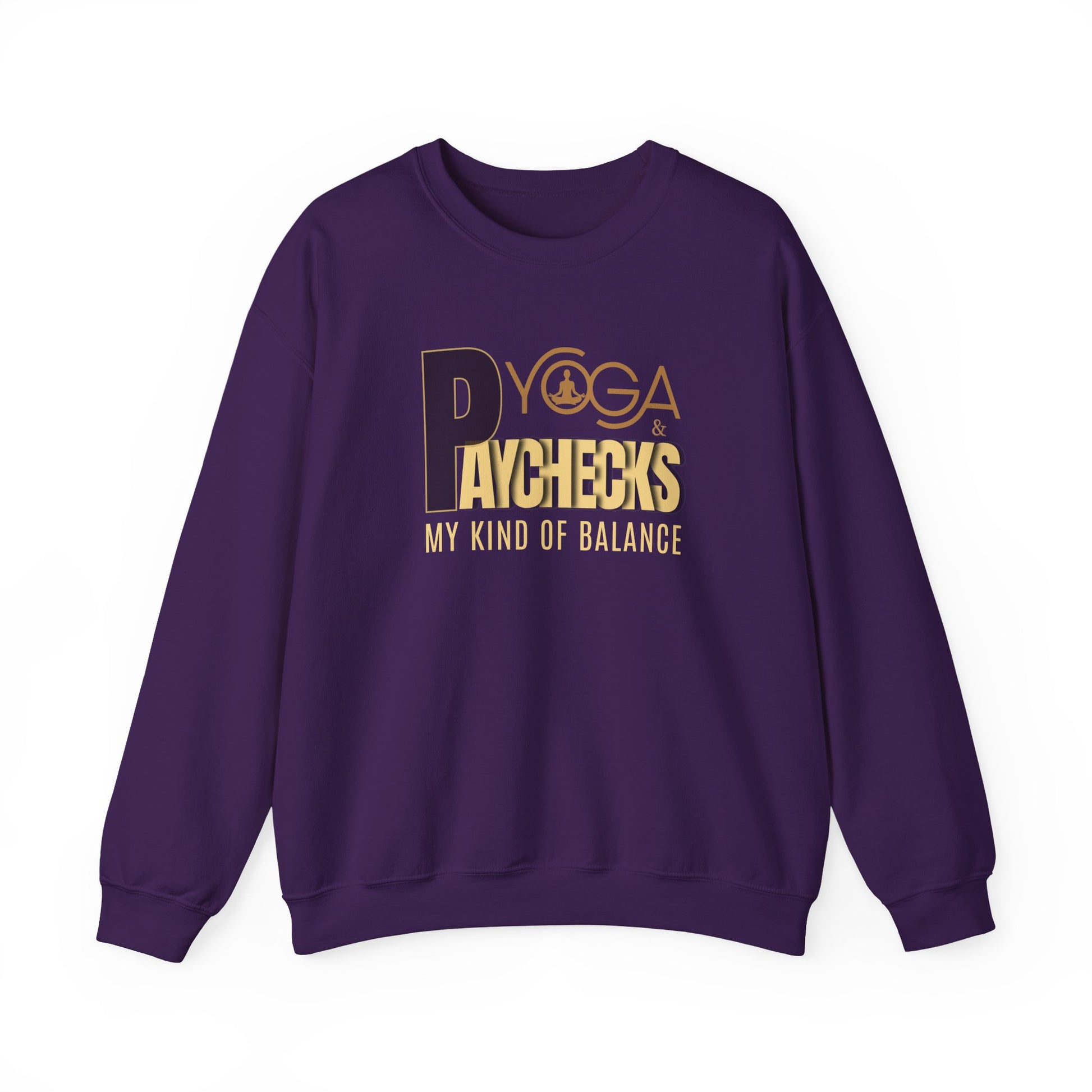 Purple sweatshirt with gold text 'Yoga & Paychecks – My Kind of Balance' on a white background