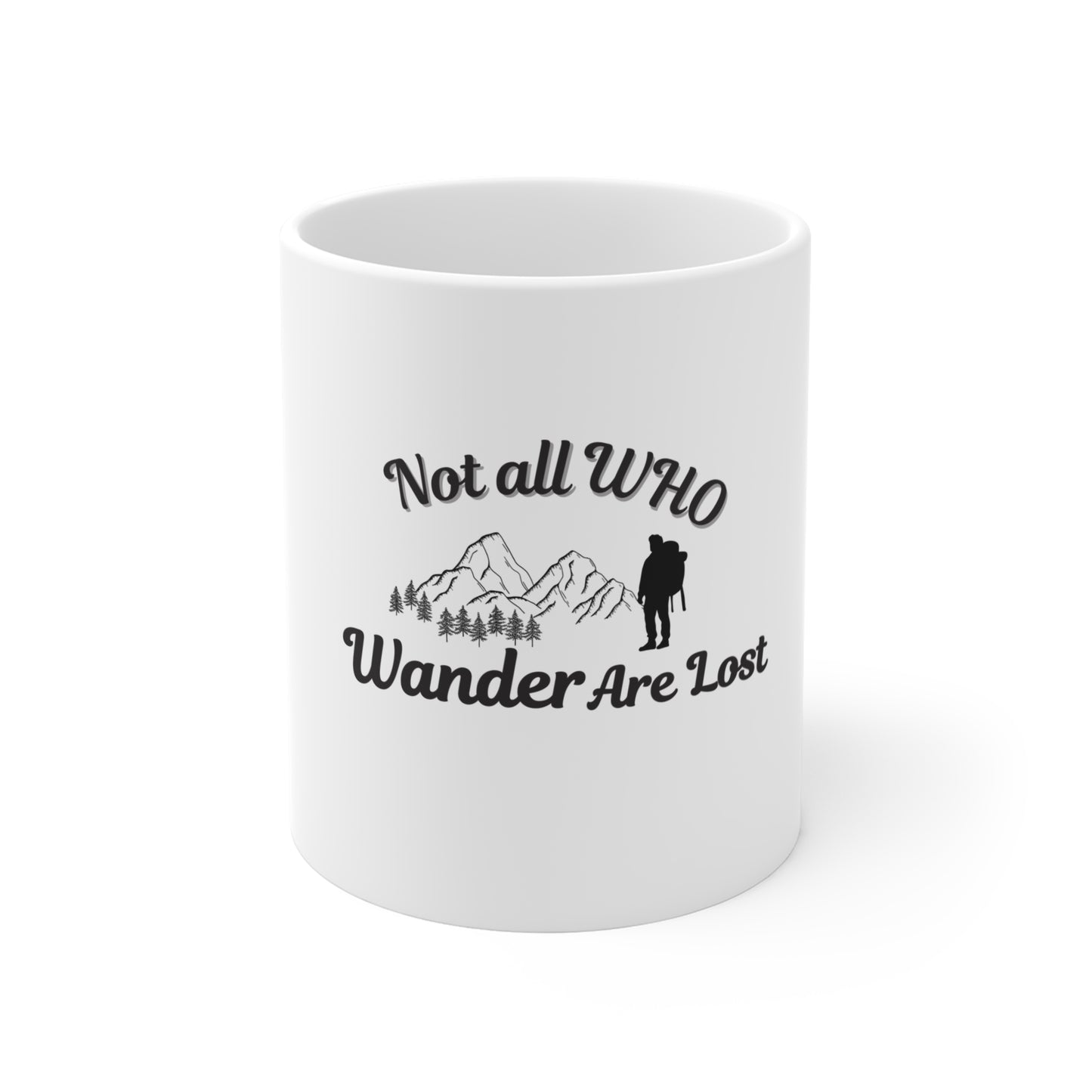 White mug with text 'Not all who wander are lost' and graphics on a white background