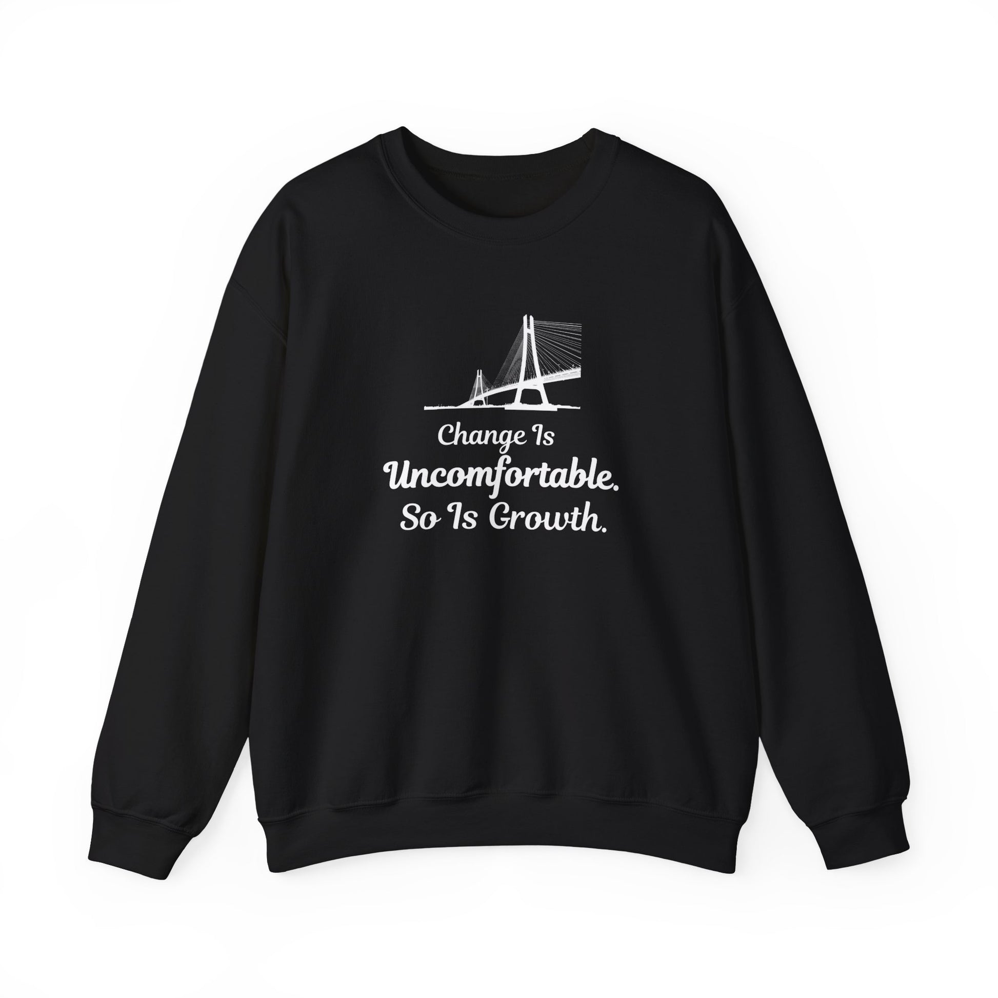 Black sweatshirt with text 'Change Is Uncomfortable. So Is Growth' and graphic on a white background